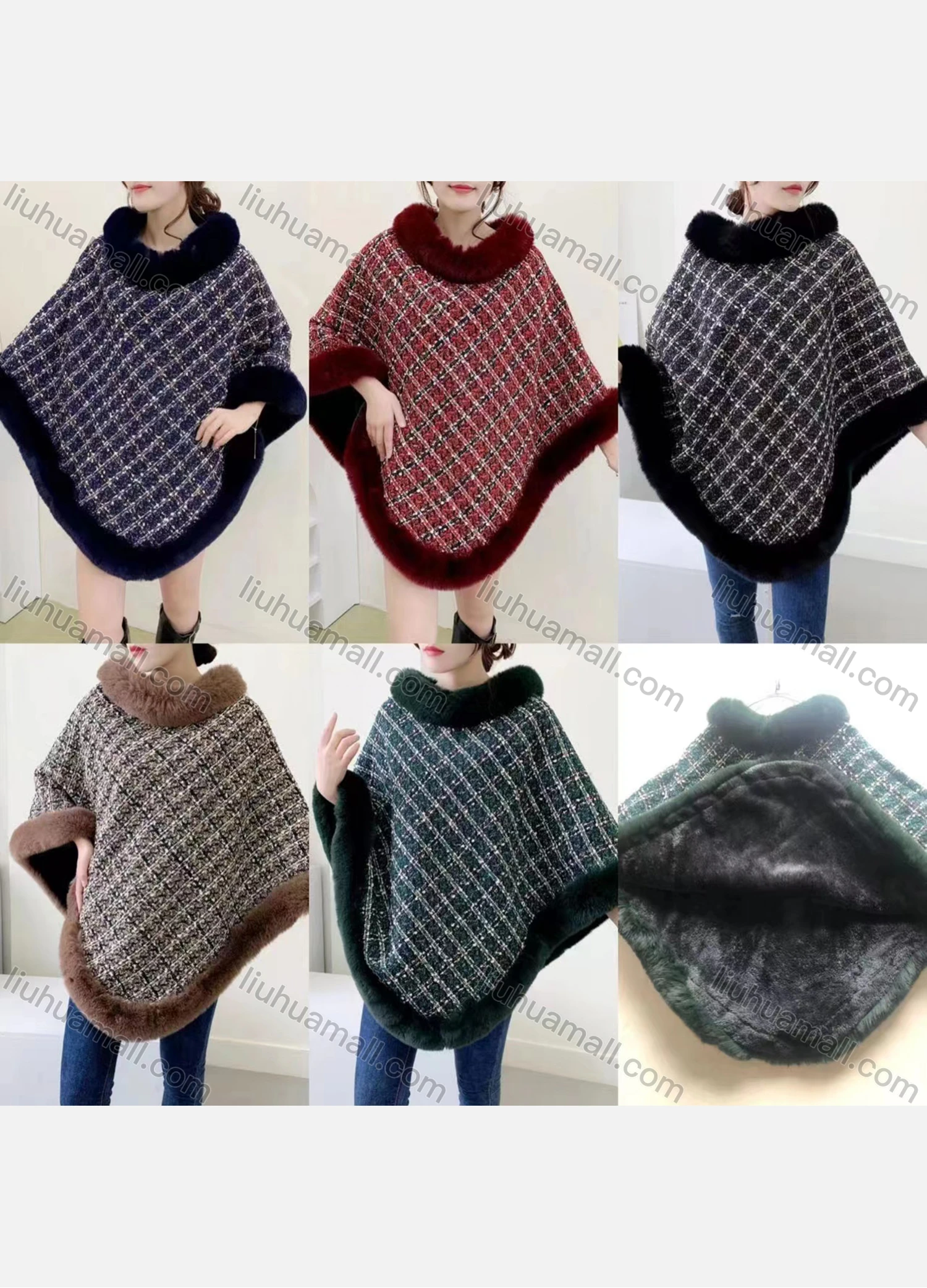 Wholesale Women's Fashion Causal Fuzzy Collar Thermal Plaid Cape - Liuhuamall