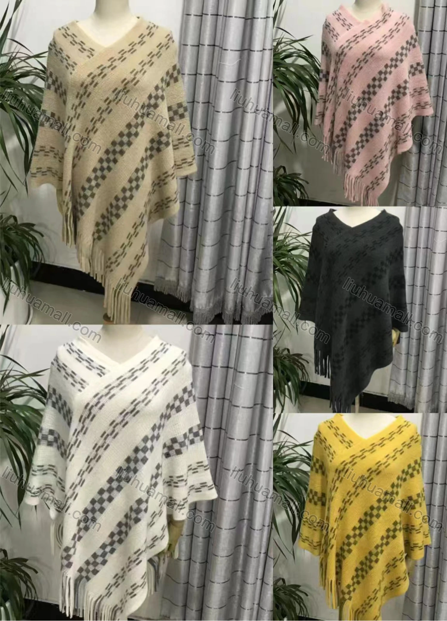 Wholesale Women's Fashion Causal V Neck Plaid Striped Tassel Cape - Liuhuamall