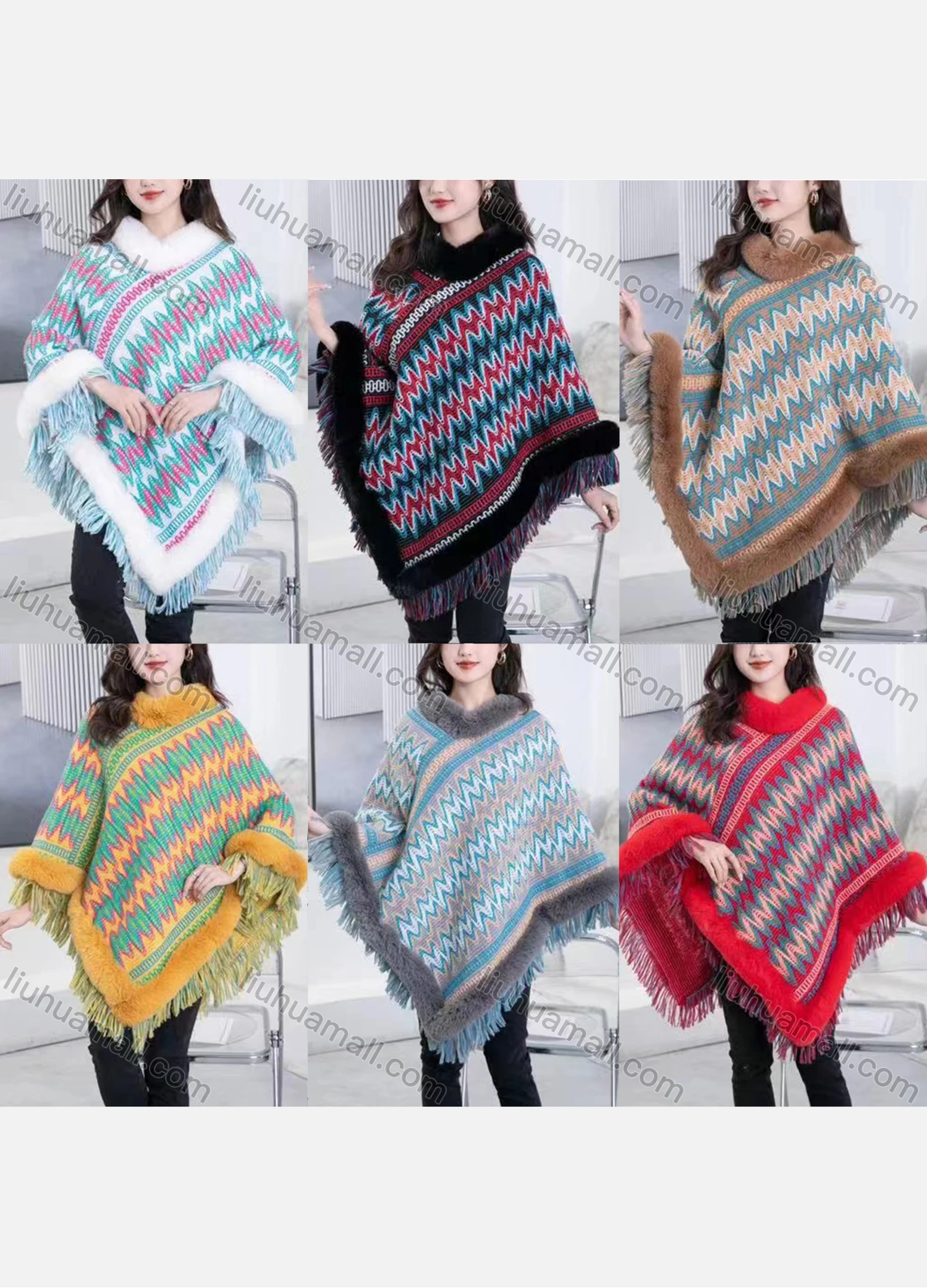 Wholesale Women's Fashion Causal Fuzzy Collar Tribal Wave Tassel Cape - Liuhuamall