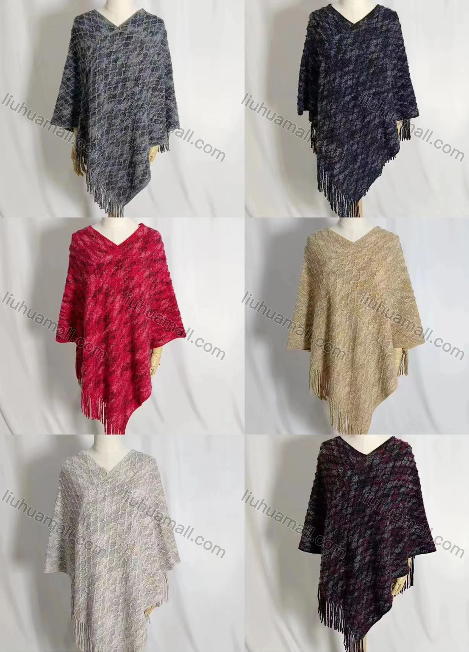 Wholesale Women's Fashion Causal V Neck Plain Tassel Cape - Liuhuamall