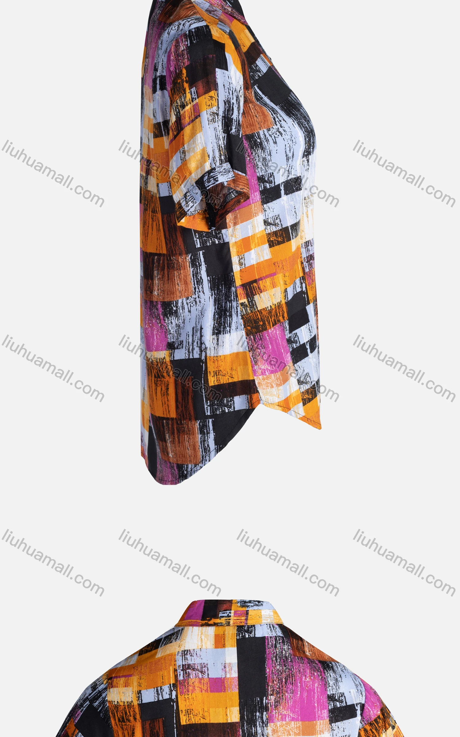 Wholesale Women's Vintage Short Sleeve ColorBlock Button Down Shirt 23055# - Liuhuamall