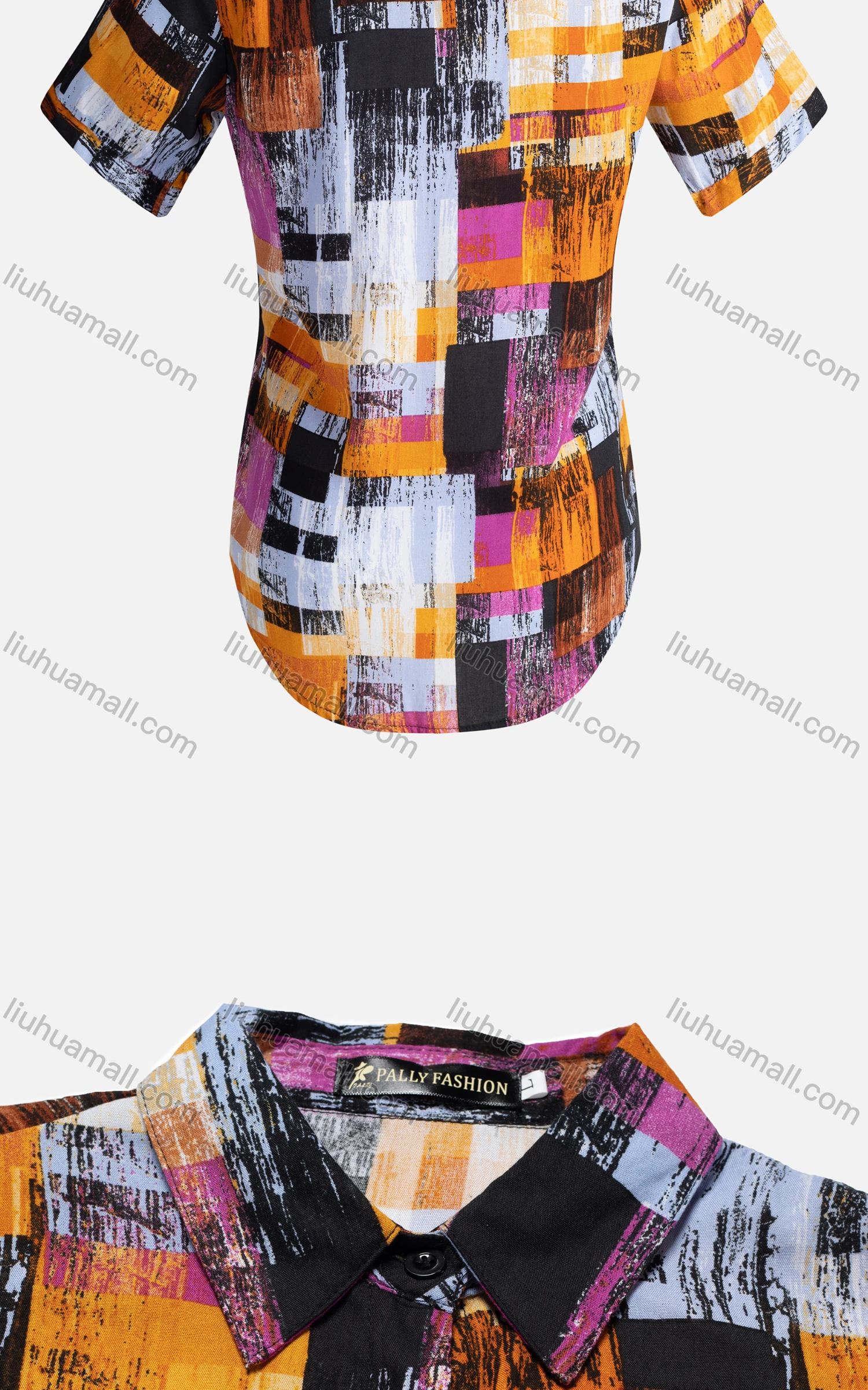 Wholesale Women's Vintage Short Sleeve ColorBlock Button Down Shirt 23055# - Liuhuamall