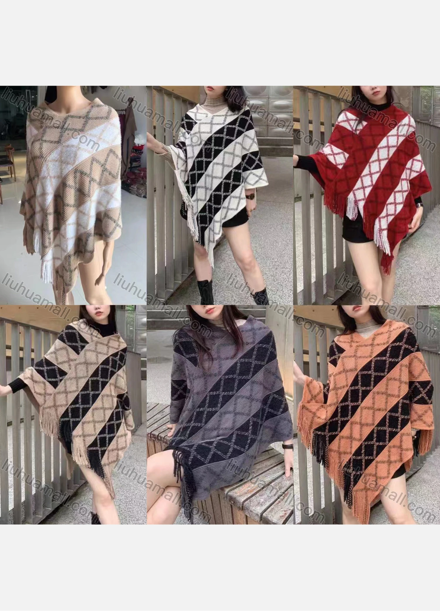 Wholesale Women's Fashion Causal V Neck Plaid Striped Tassel Cape - Liuhuamall