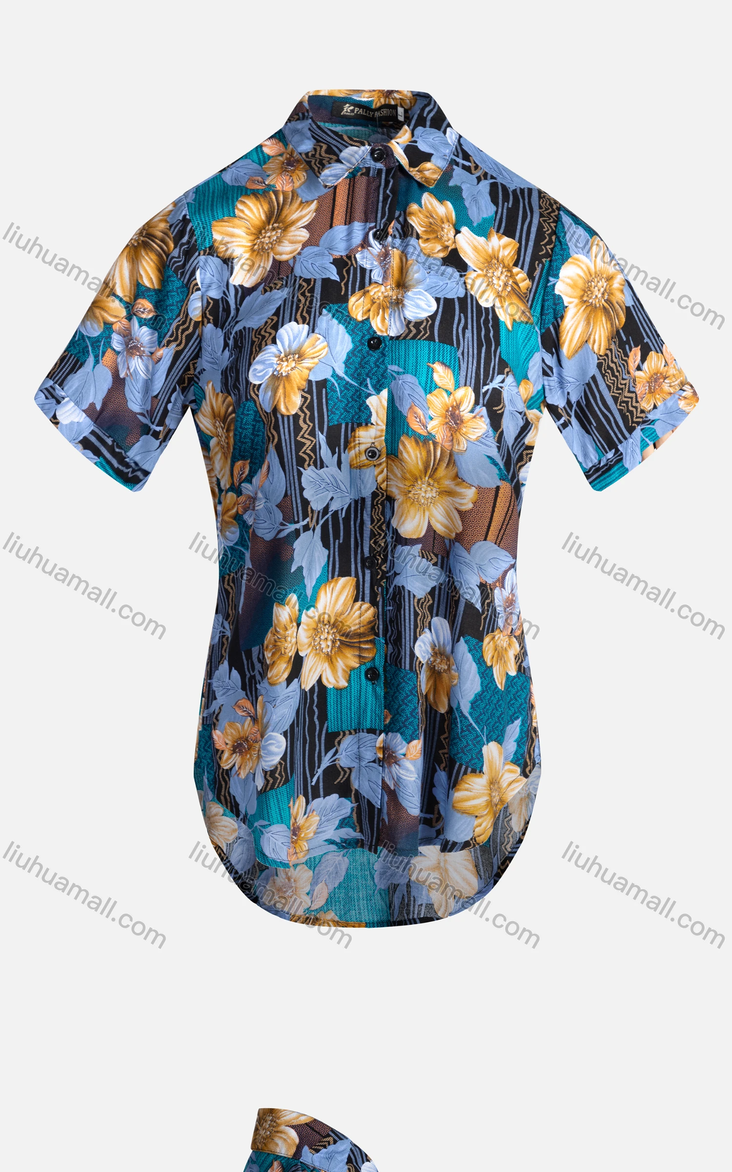 Wholesale Women's Vintage Short Sleeve Chevron Floral Pattern Collared Button Down Shirt 23050# - Liuhuamall
