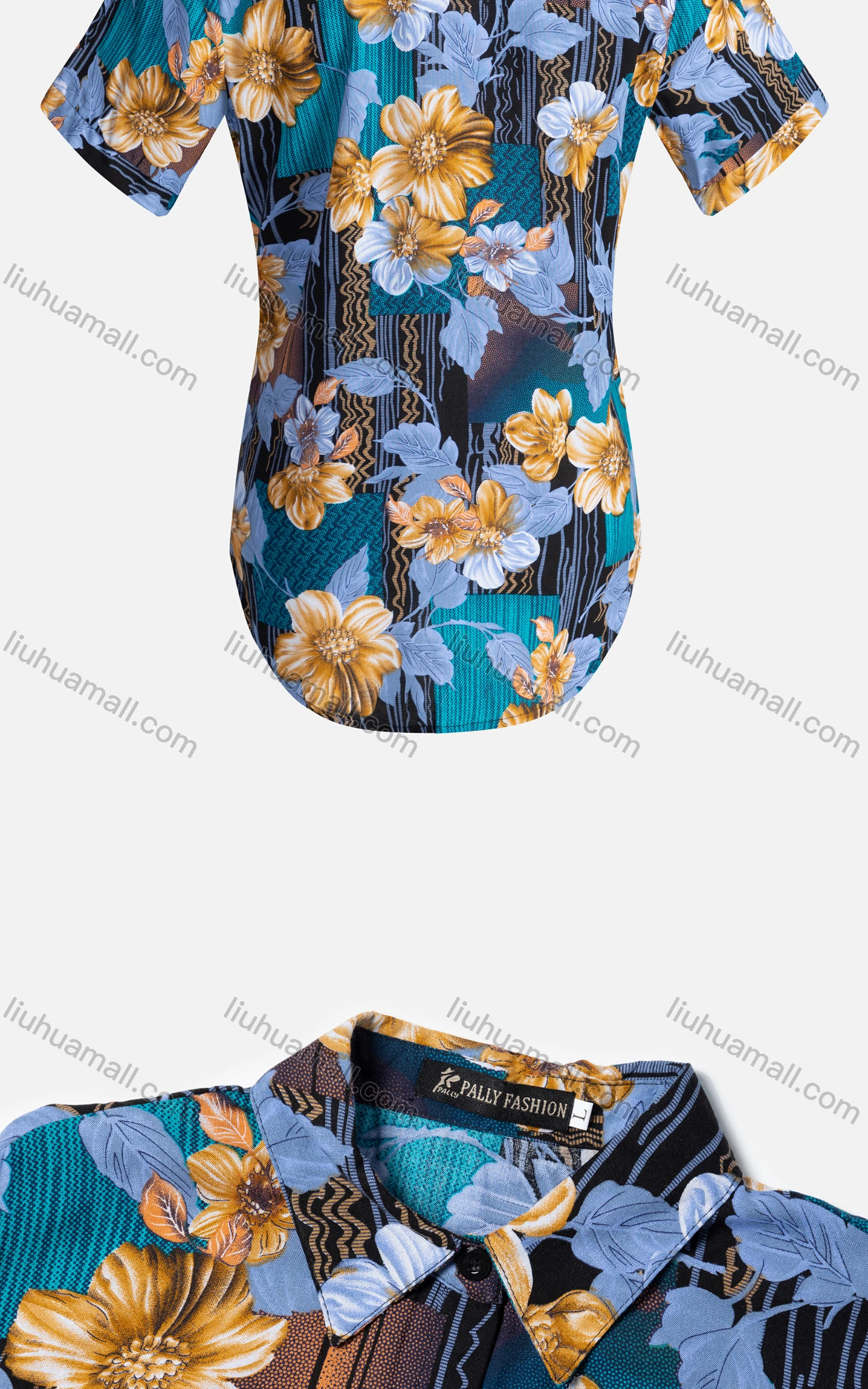 Wholesale Women's Vintage Short Sleeve Chevron Floral Pattern Collared Button Down Shirt 23050# - Liuhuamall