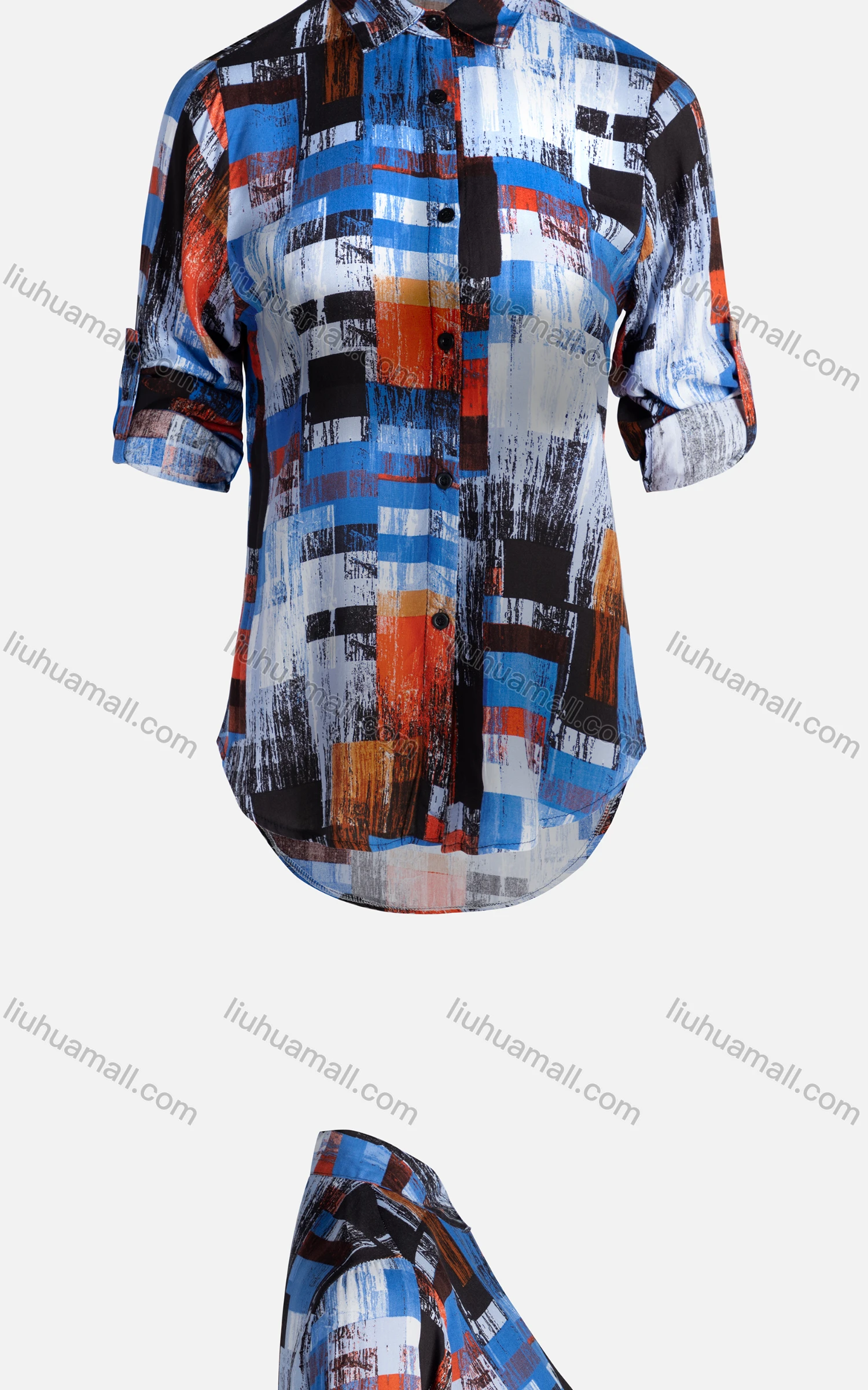 Wholesale Women's Casual Long Sleeve Colorblock Collared Button Down Shirt 23074# - Liuhuamall