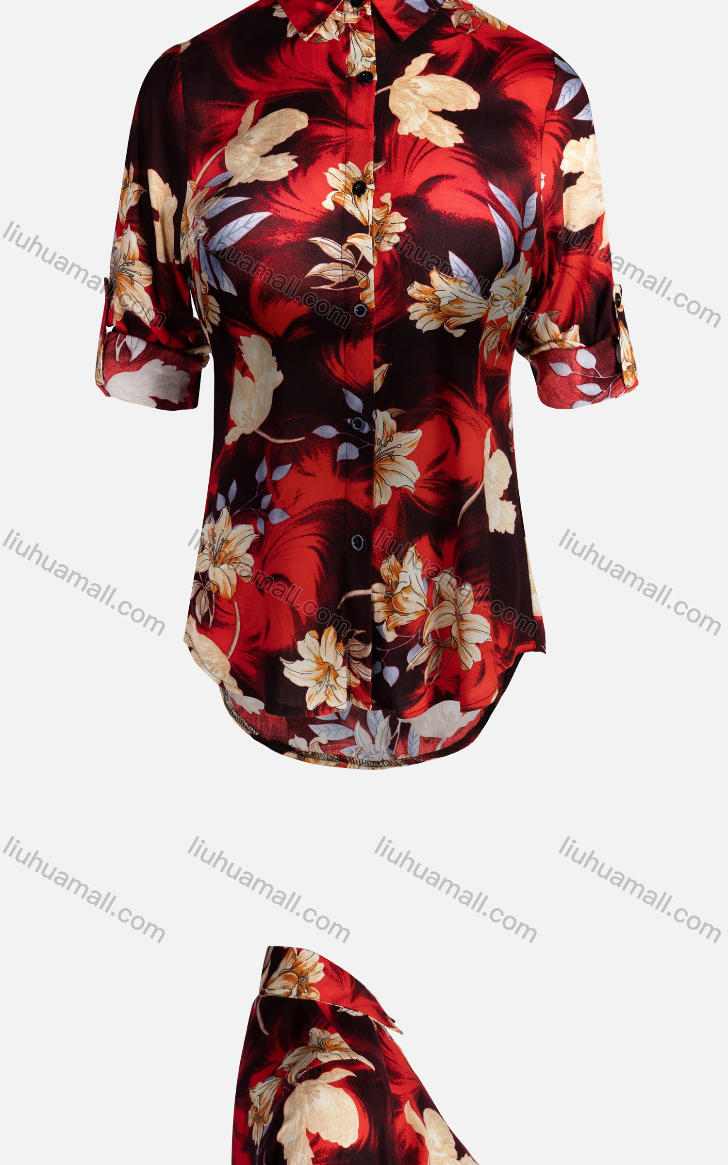 Wholesale Women's Vintage Long Sleeve Floral Pattern Collared Button Down Shirt 23066# - Liuhuamall