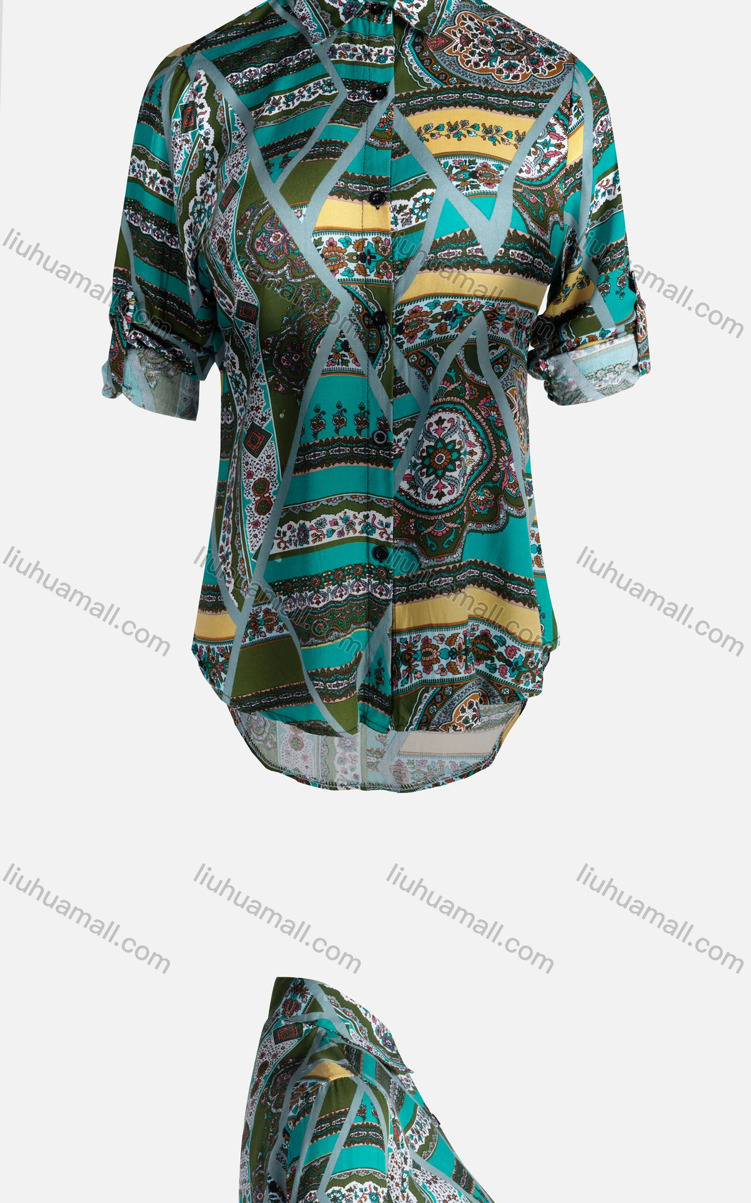 Wholesale Women's Vintage Long Sleeve Allower Print Collared Button Down Shirt 23065# - Liuhuamall