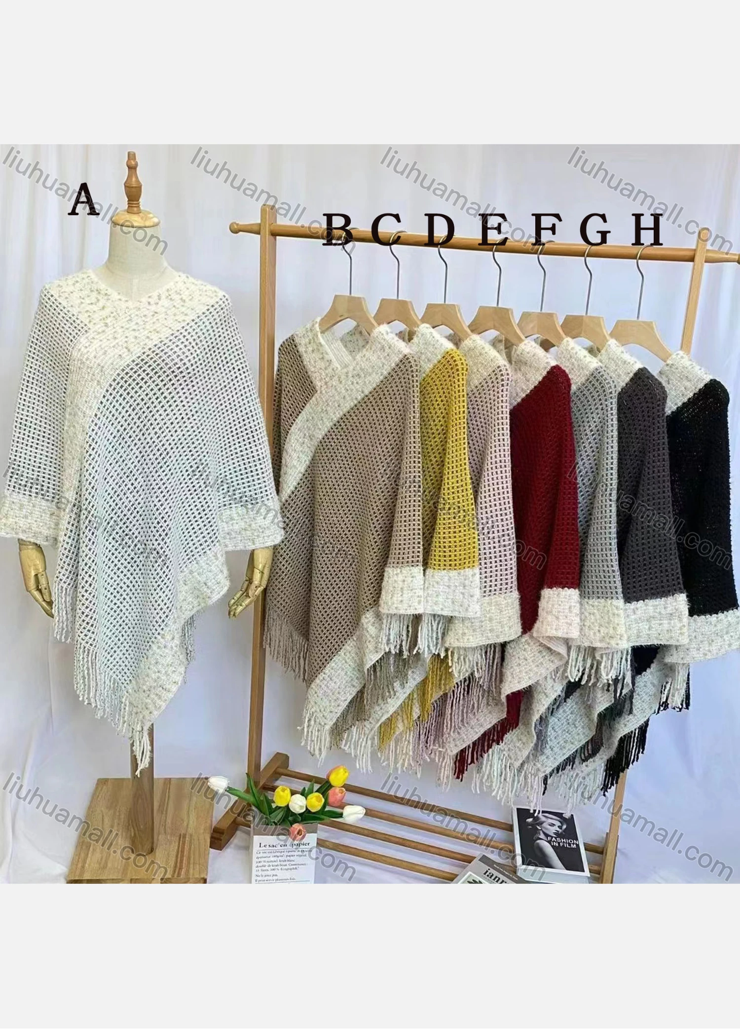Wholesale Women's Fashion Causal V Neck Mesh Splicing Color Tassel Cape - Liuhuamall