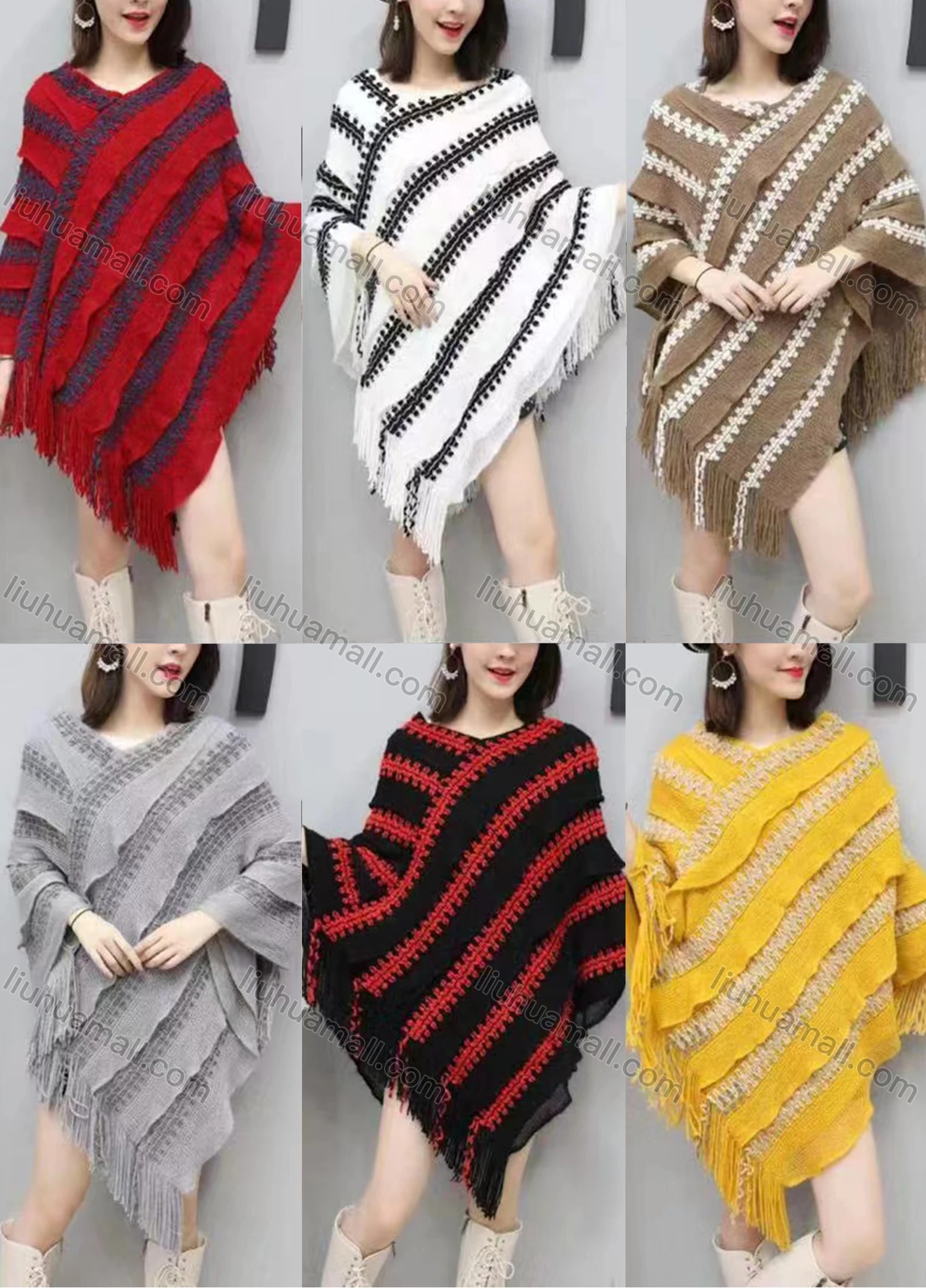 Wholesale Women's Fashion Causal V Neck Striped Tassel Cape - Liuhuamall