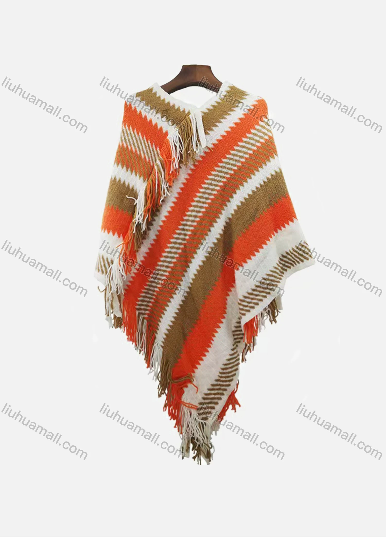 Wholesale Women's Fashion Vintage V Neck Tribal Striped Tassel Cape - Liuhuamall
