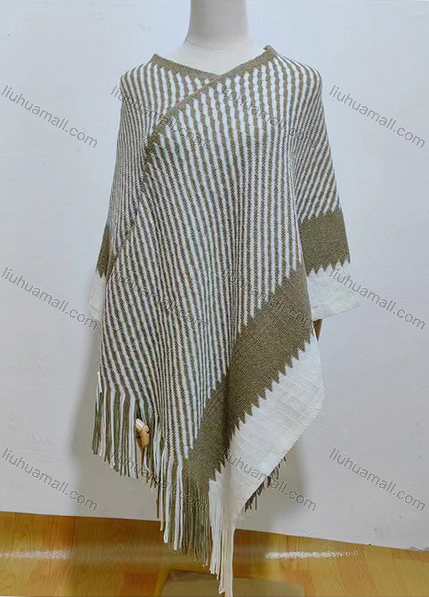 Wholesale Women's Fashion Vintage V Neck Tribal Striped Tassel Cape - Liuhuamall