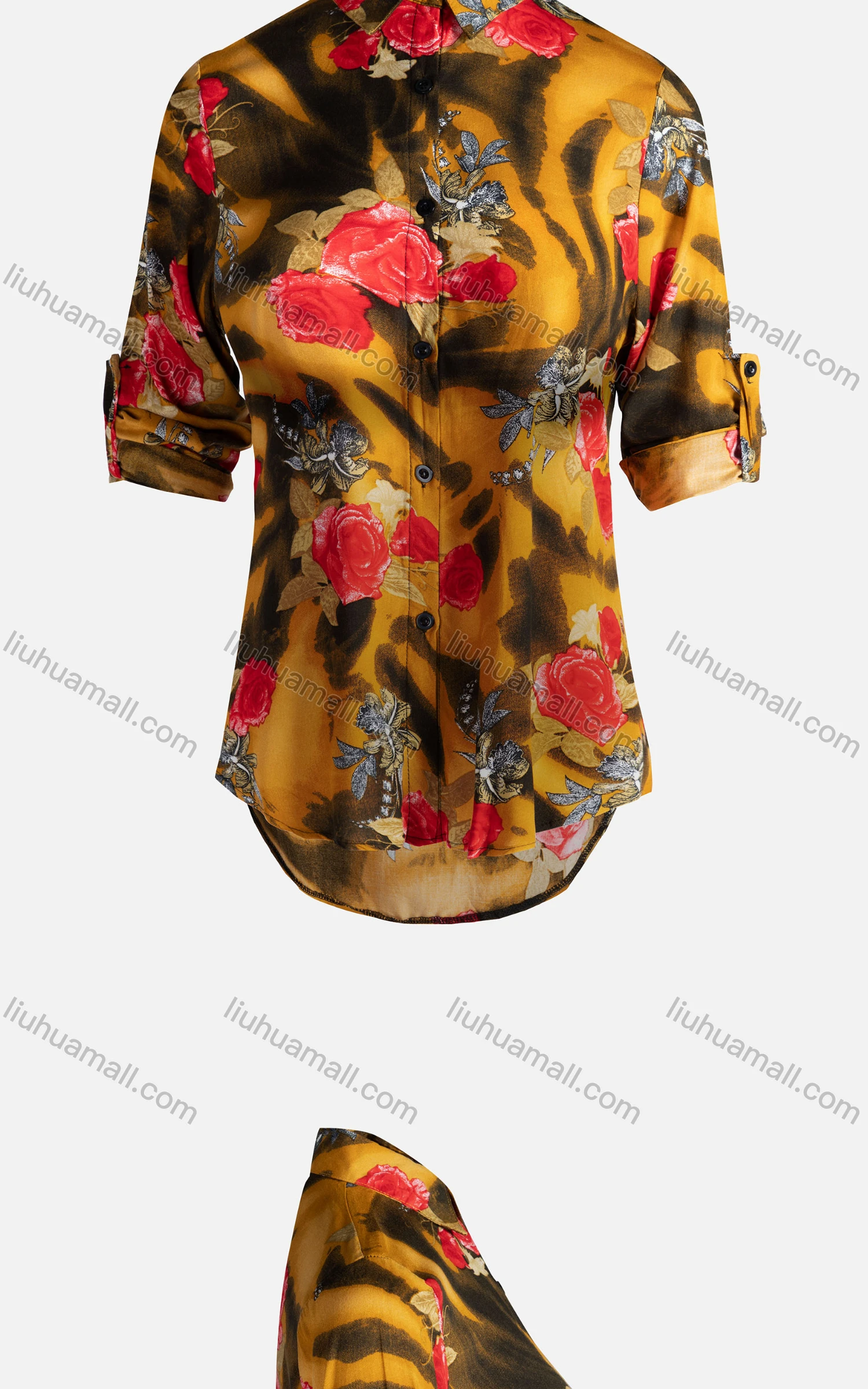 Wholesale Women's Vintage Long Sleeve Floral Pattern Collared Button Down Shirt 23068# - Liuhuamall