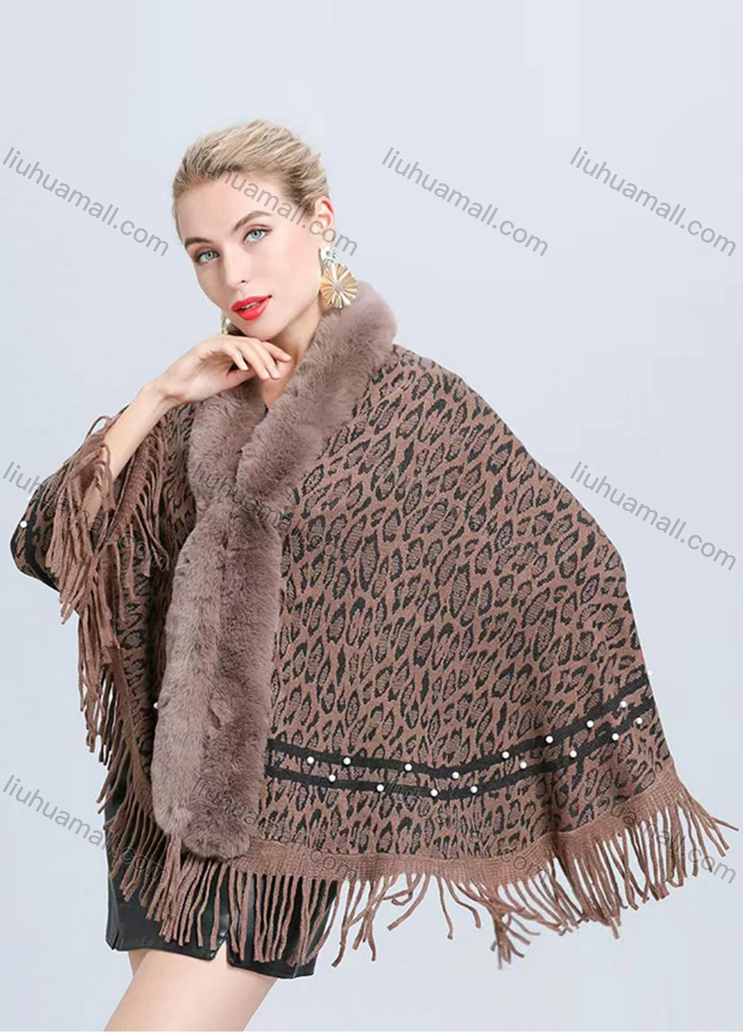 Wholesale Women's Fashion Casual Fuzzy Collar Leopard Tassel Cape - Liuhuamall