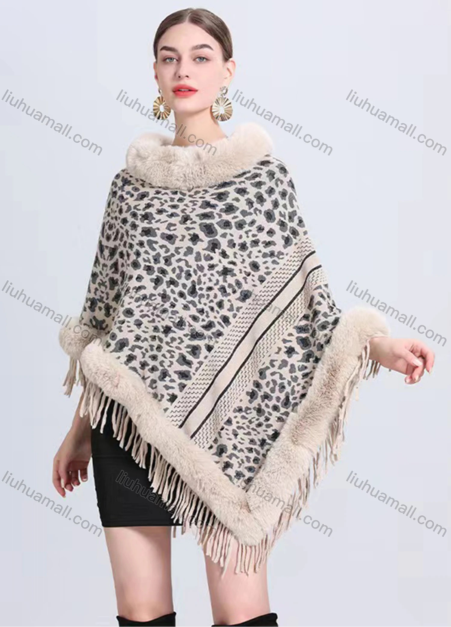 Wholesale Women's Fashion Casual Fuzzy Collar Leopard Striped Tassel Cape - Liuhuamall