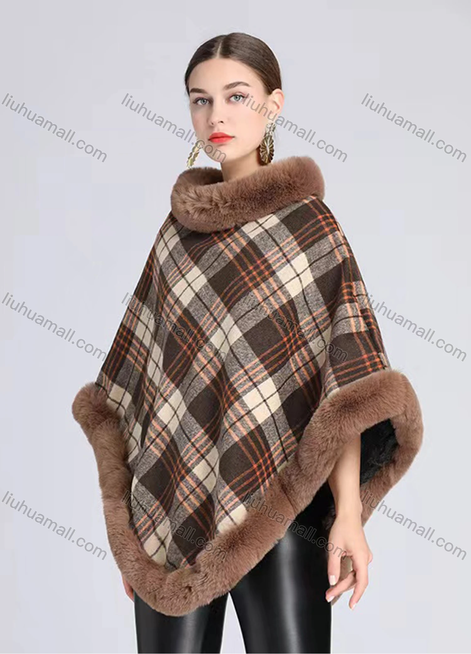 Wholesale Women's Fashion Casual Fuzzy Collar Gingham Cape - Liuhuamall