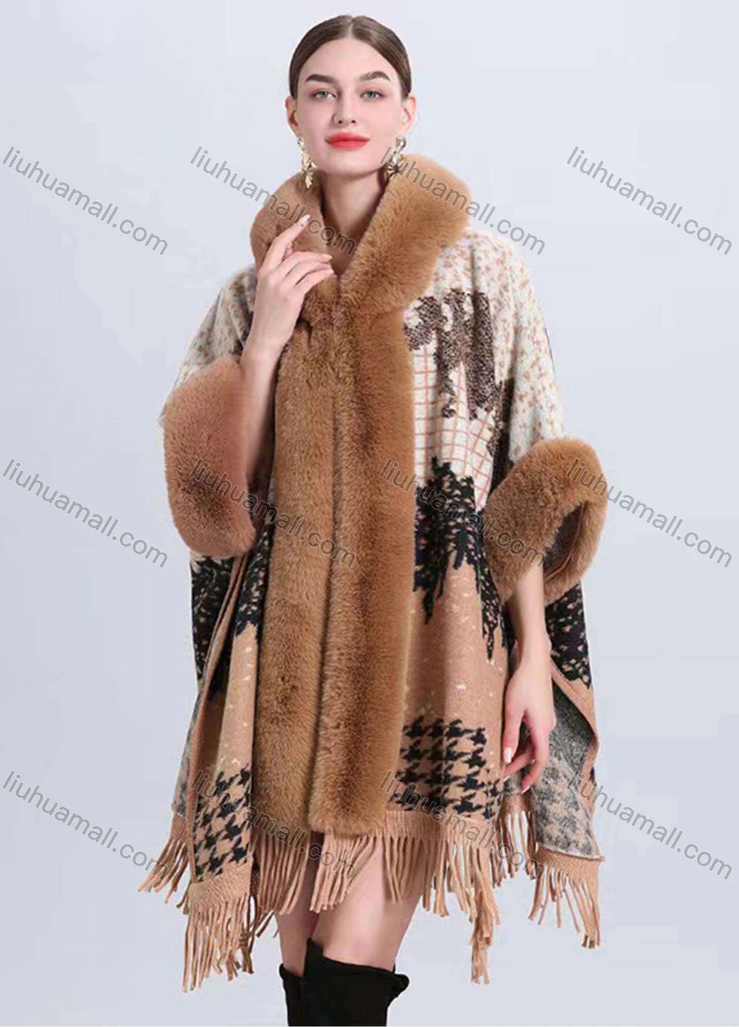 Wholesale Women's Fashion Casual Fuzzy Collar Tassel Plaid Houndstooth Cape - Liuhuamall