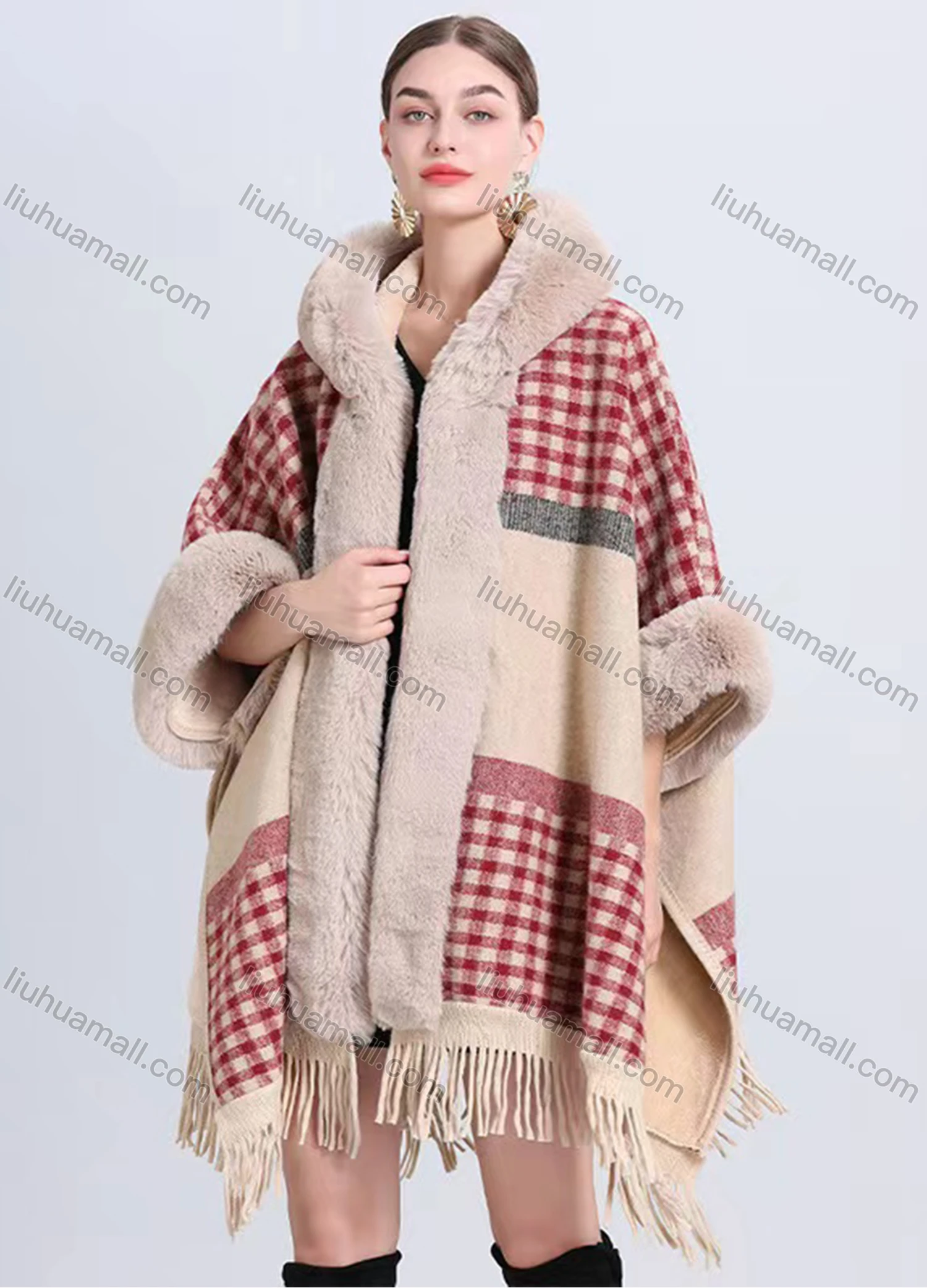 Wholesale Women's Fashion Casual Fuzzy Collar Gingham Colorblock Cape - Liuhuamall