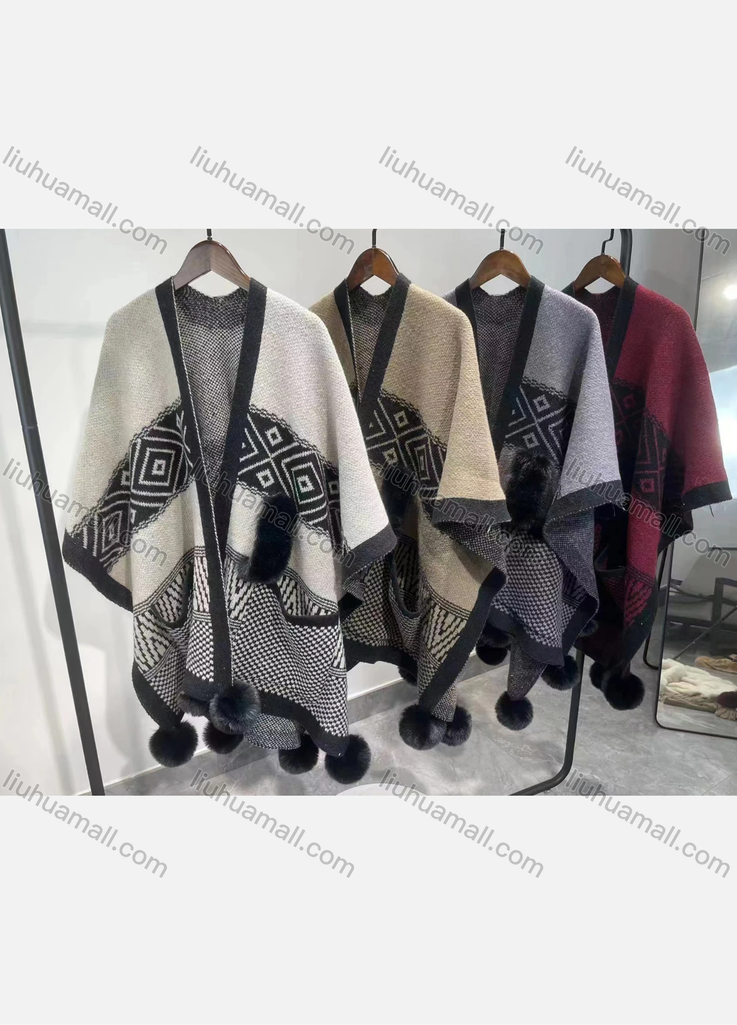 Wholesale Women's Fashion Casual Tribal Patch Pockets Pom Pom Shawl - Liuhuamall