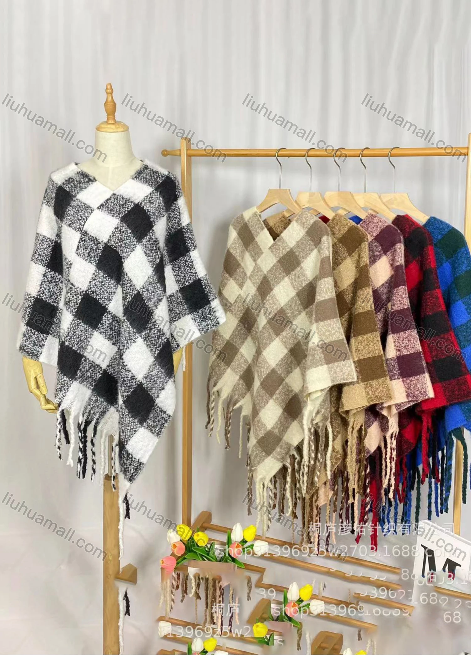 Wholesale Women's Fashion Casual V Neck Plaid Tassel Cape - Liuhuamall