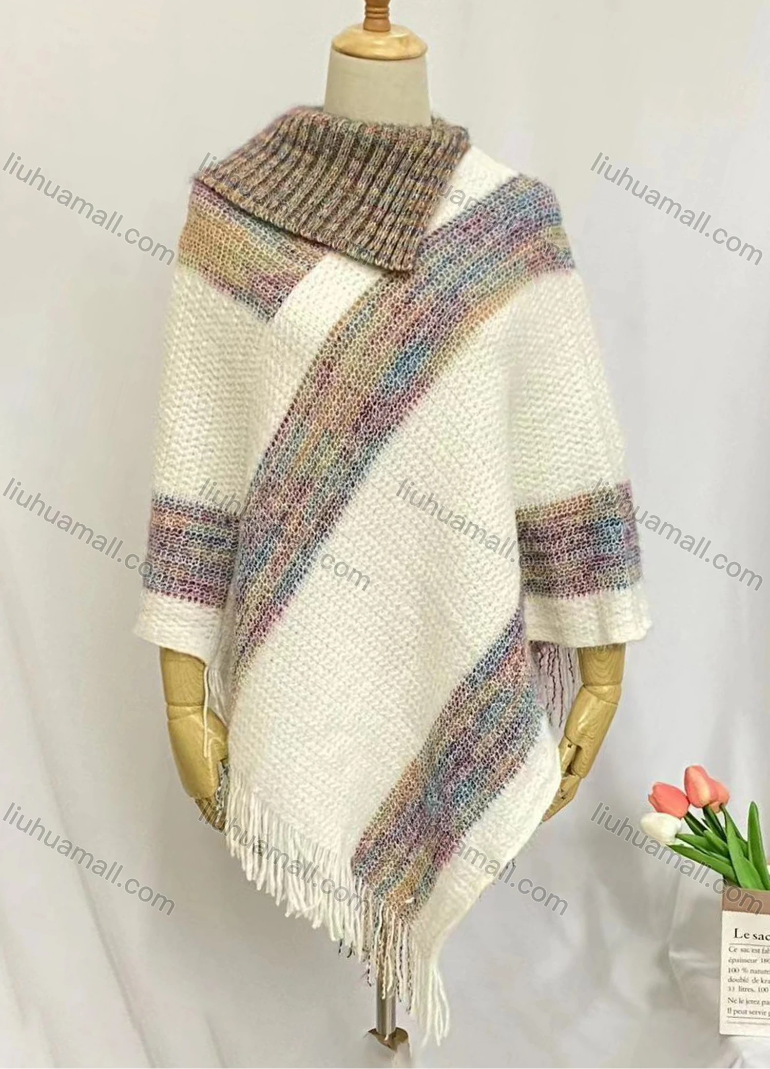 Wholesale Women's Fashion Casual Asymmetrical Neck Splicing Color Tassel Cape - Liuhuamall