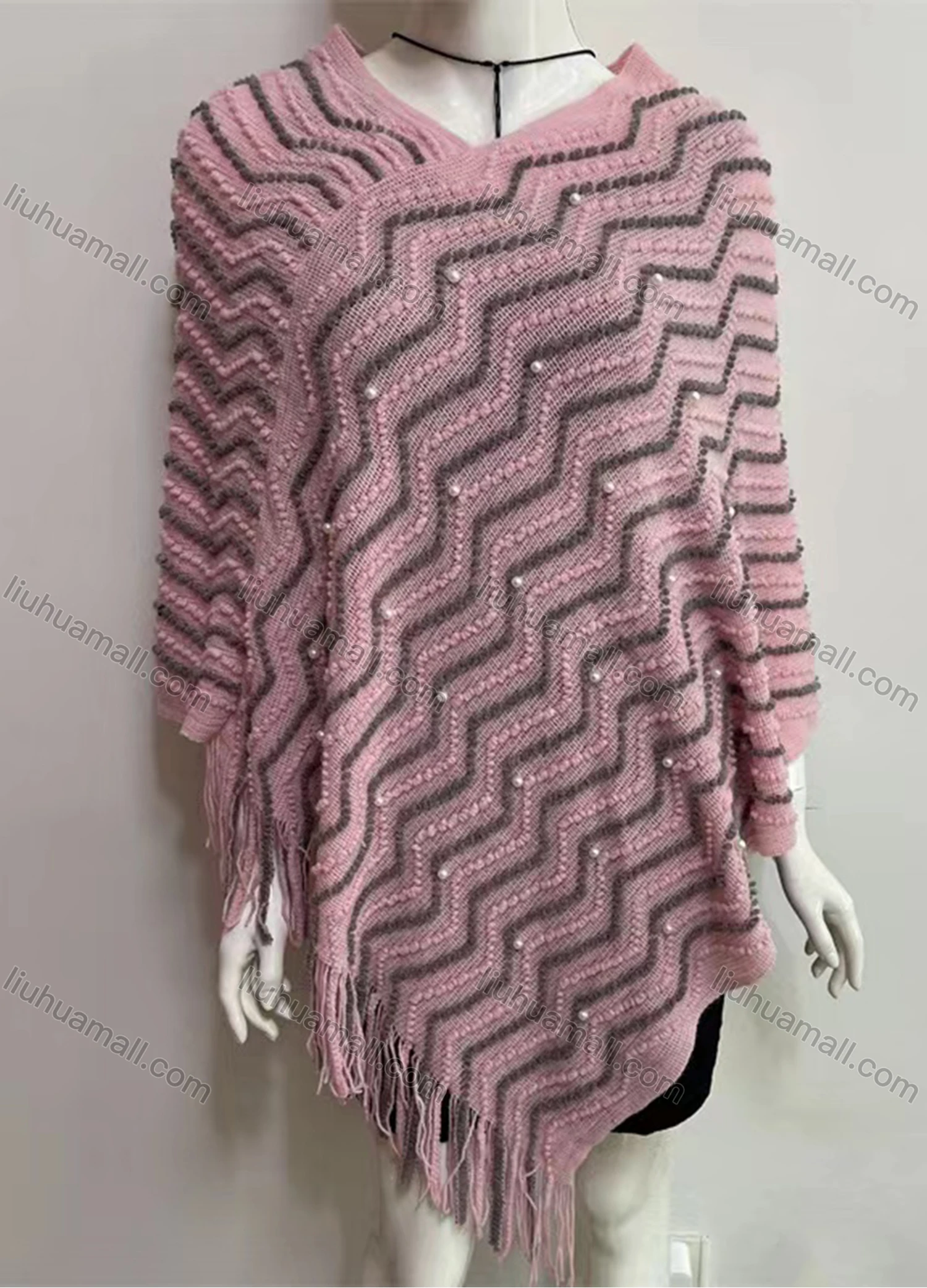 Wholesale Women's Fashion Casual V Neck Wave Pearl Decor Tassel Cape - Liuhuamall