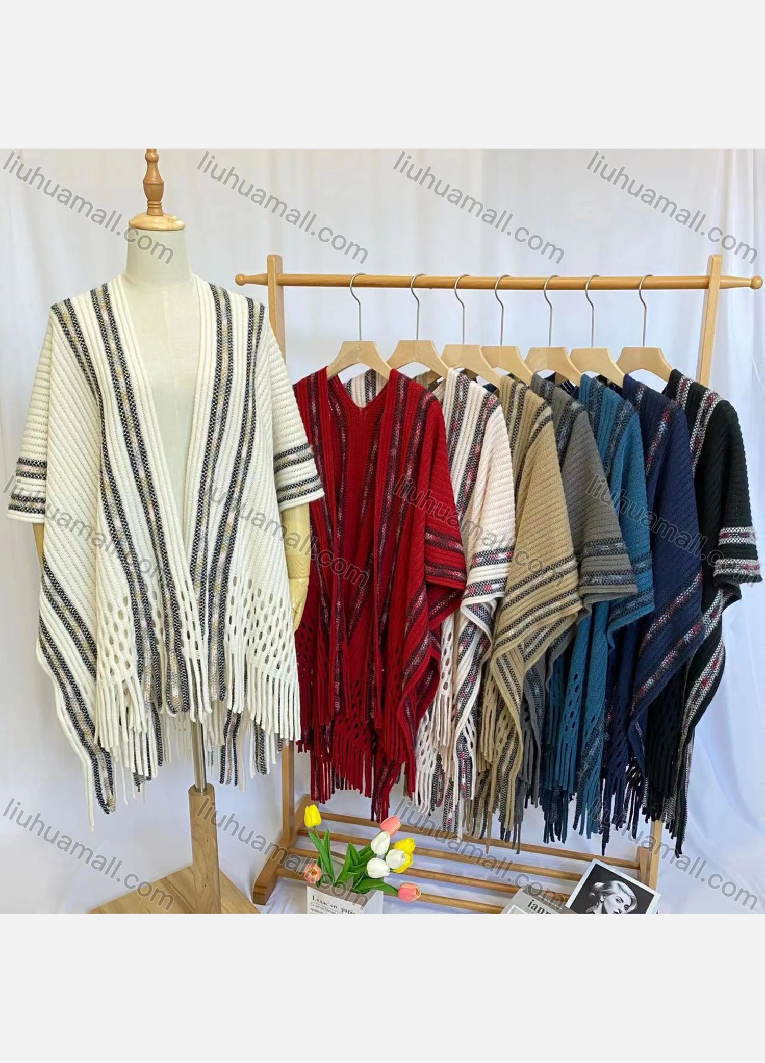 Wholesale Women's Fashion Casual Open Front Mesh Tassel Shawl - Liuhuamall