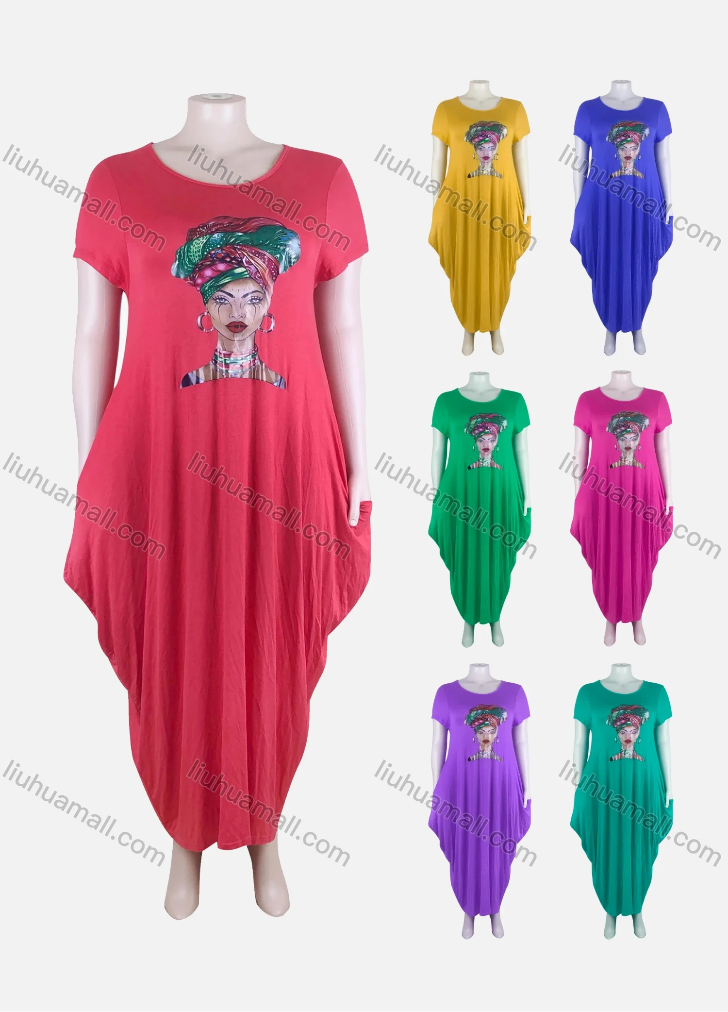 Wholesale Women's African Plus Size Figure Print Crew Neck Short Sleeve Pockets Loose Fit Dress 8805# - Liuhuamall