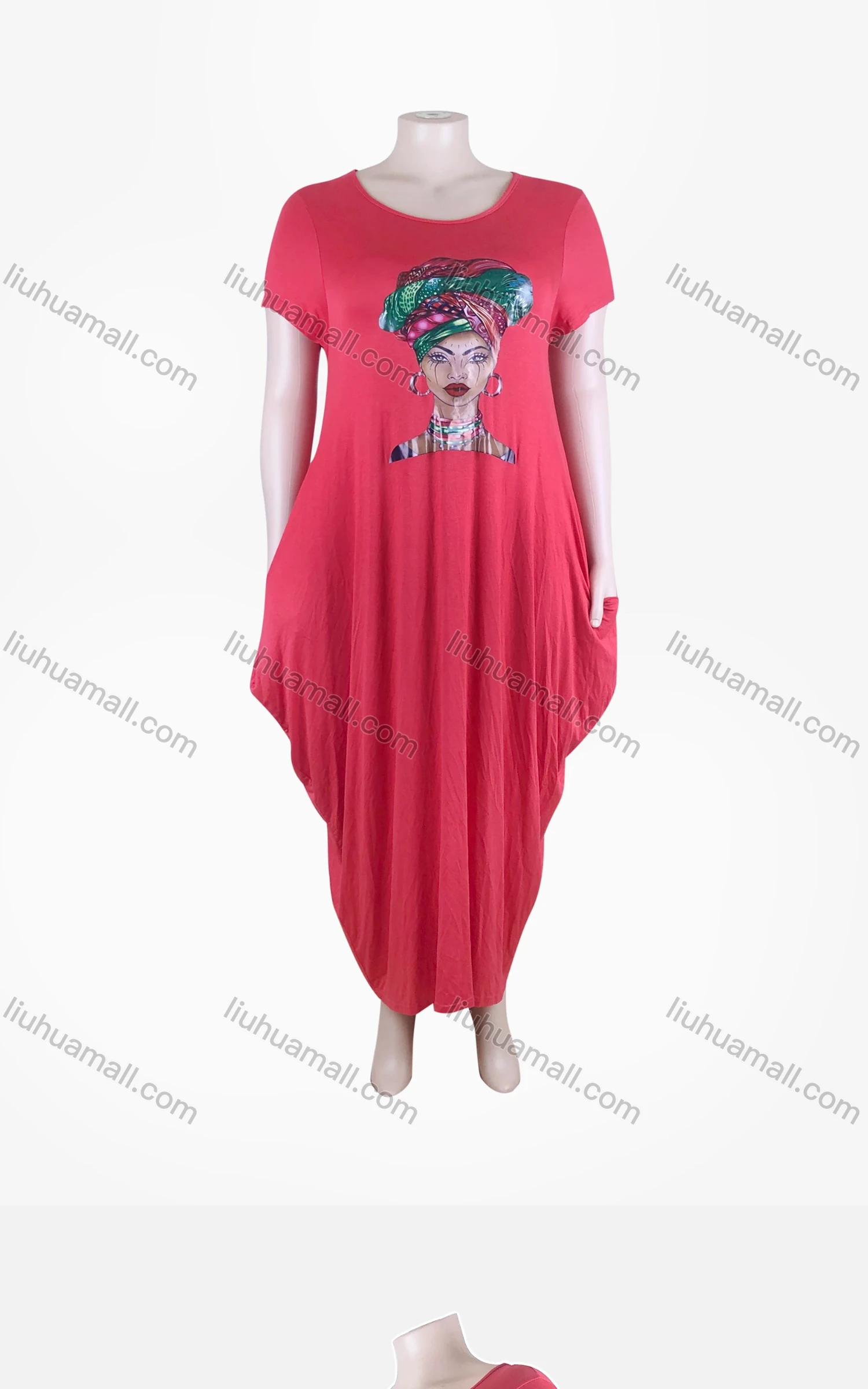 Wholesale Women's African Plus Size Figure Print Crew Neck Short Sleeve Pockets Loose Fit Dress 8805# - Liuhuamall