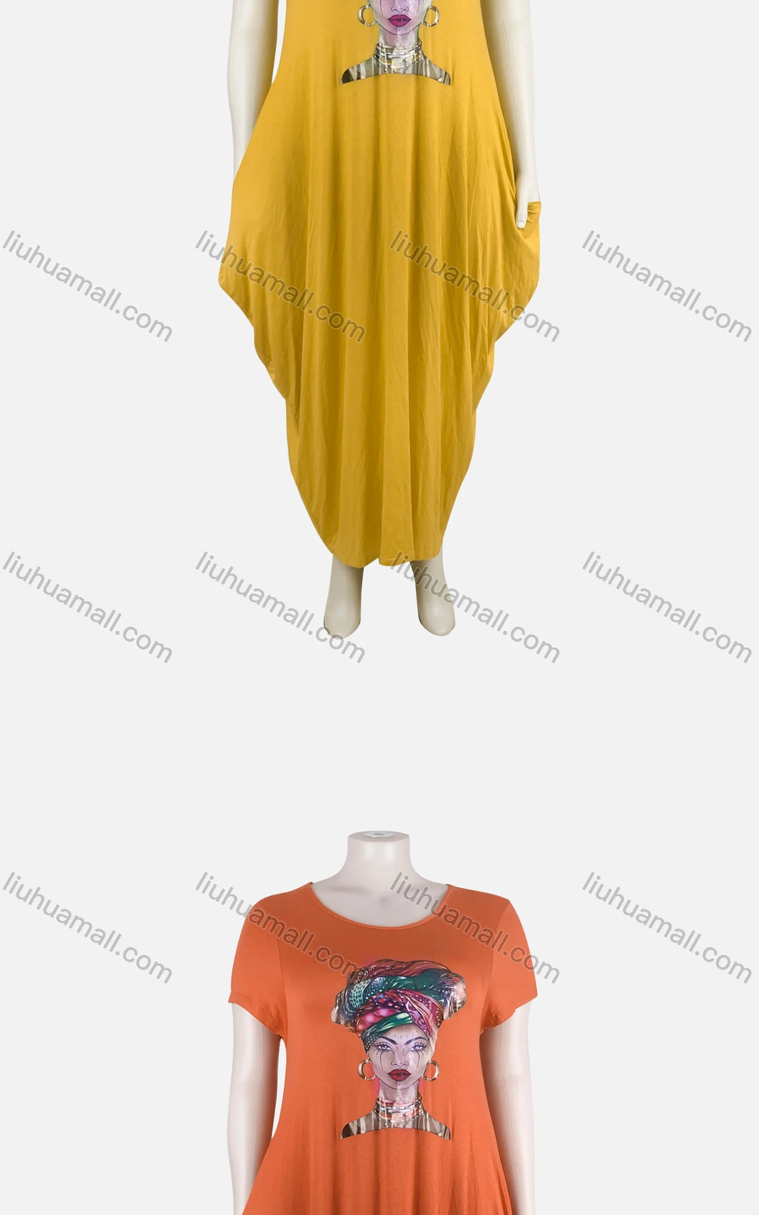 Wholesale Women's African Plus Size Figure Print Crew Neck Short Sleeve Pockets Loose Fit Dress 8805# - Liuhuamall