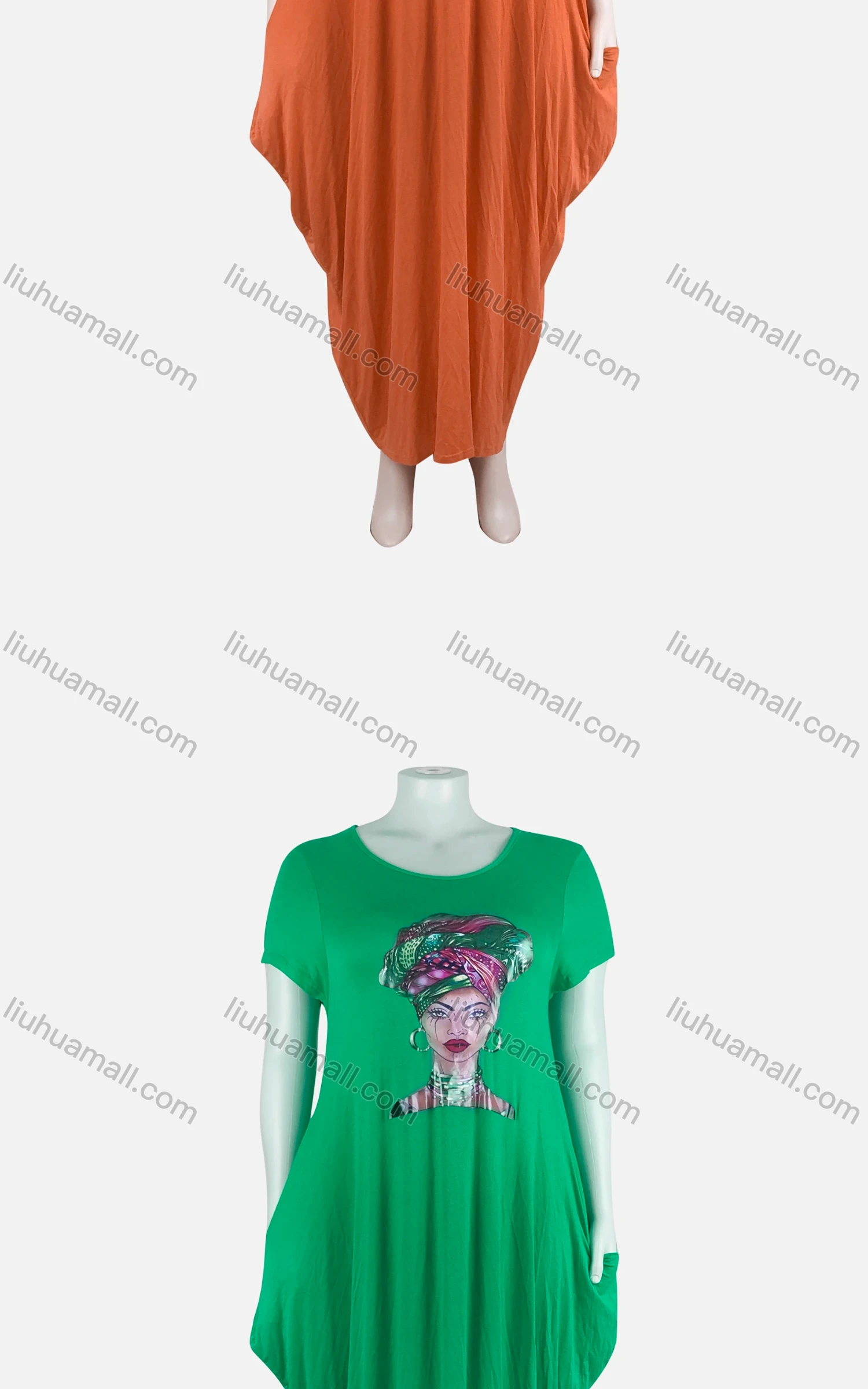 Wholesale Women's African Plus Size Figure Print Crew Neck Short Sleeve Pockets Loose Fit Dress 8805# - Liuhuamall