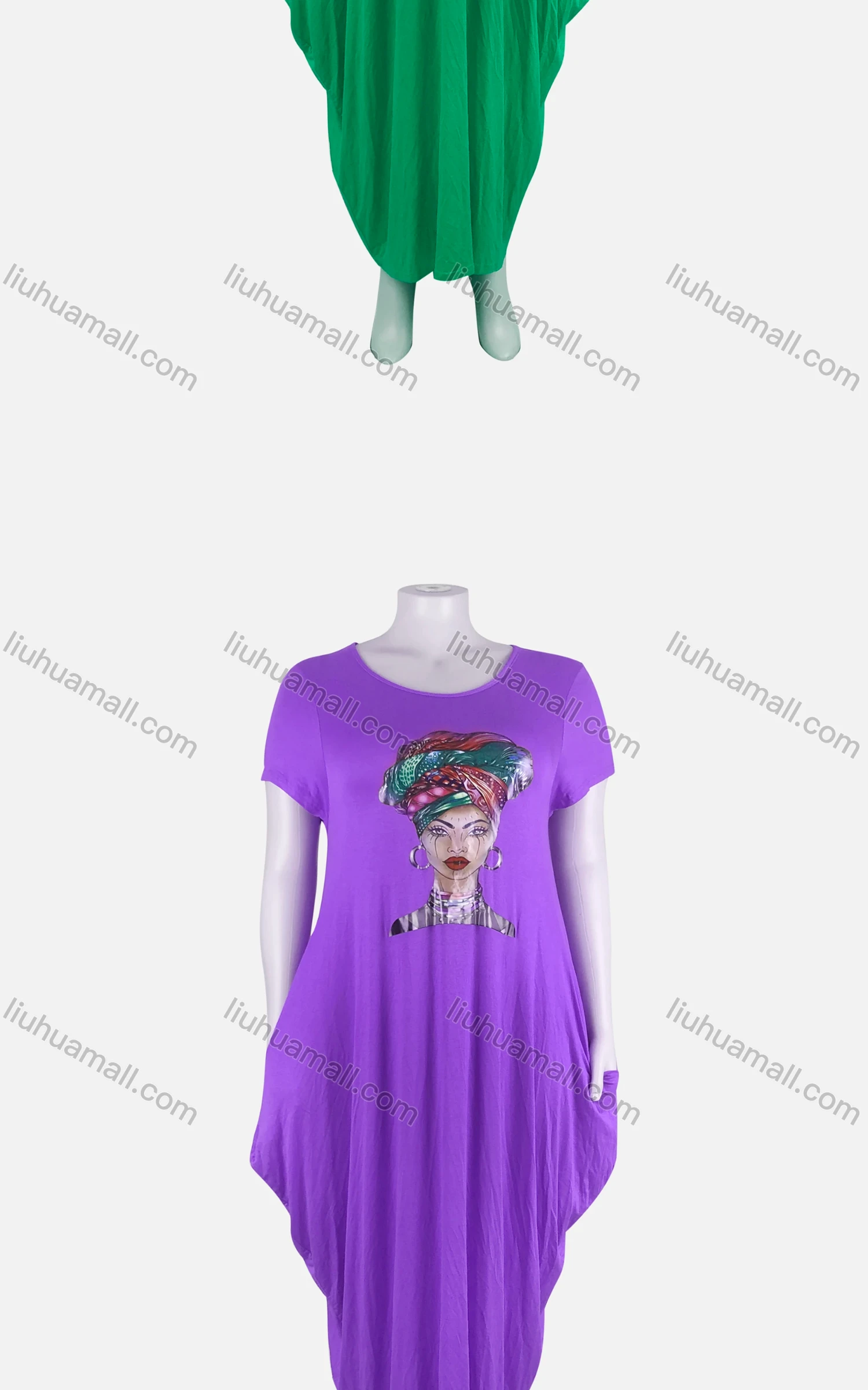 Wholesale Women's African Plus Size Figure Print Crew Neck Short Sleeve Pockets Loose Fit Dress 8805# - Liuhuamall