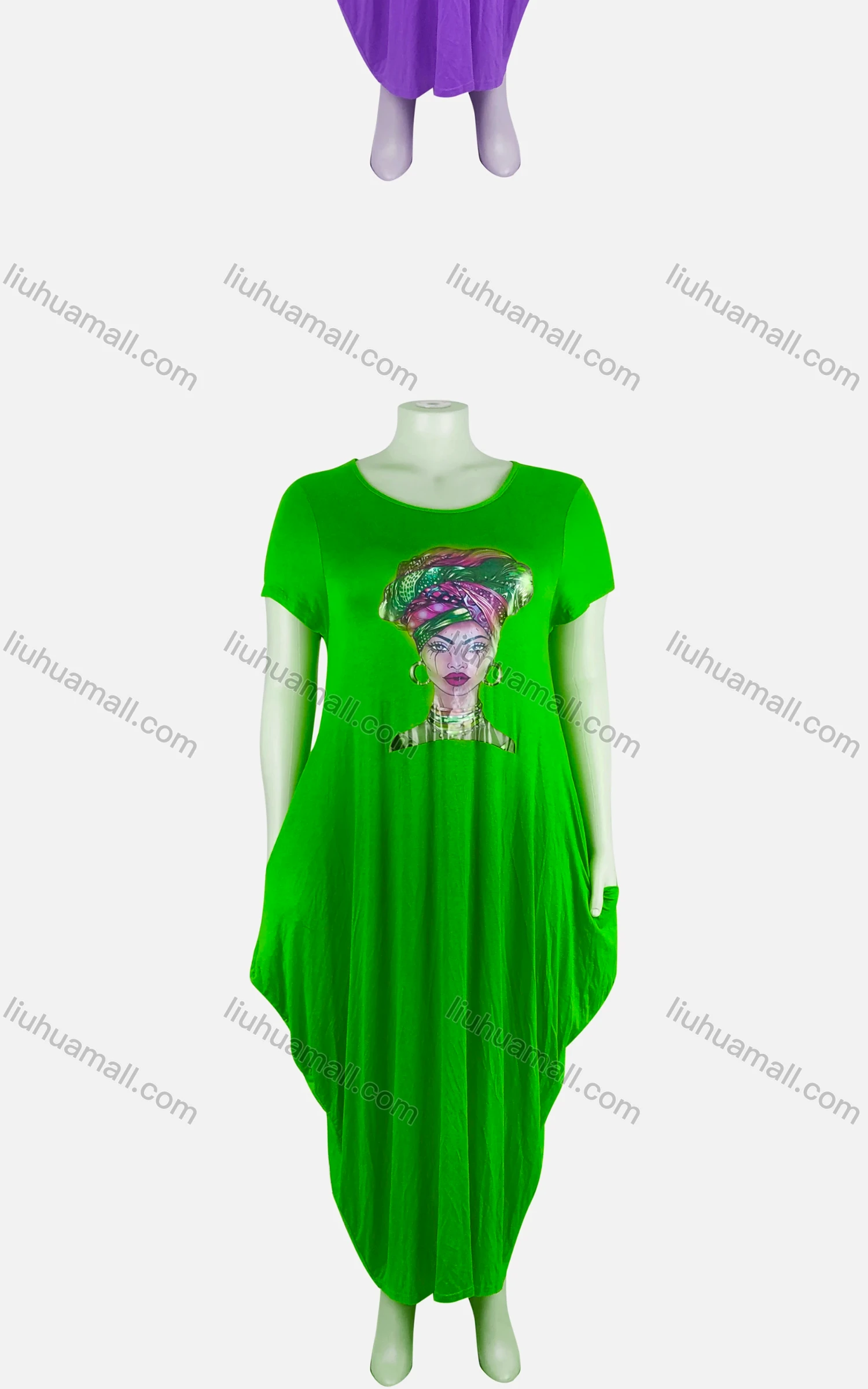 Wholesale Women's African Plus Size Figure Print Crew Neck Short Sleeve Pockets Loose Fit Dress 8805# - Liuhuamall