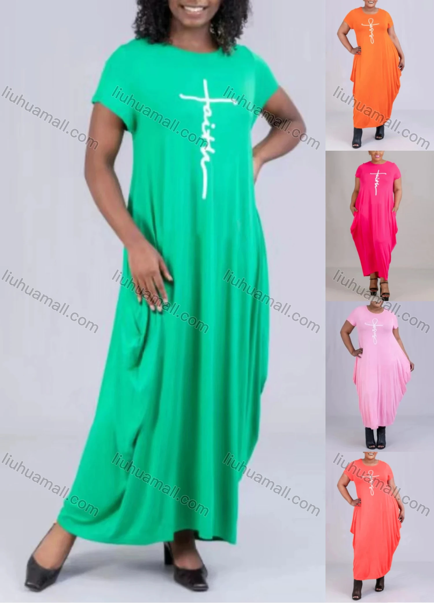 Wholesale Women's African Plus Size Crew Neck Short Sleeve Pockets Loose Fit Dress 8806# - Liuhuamall