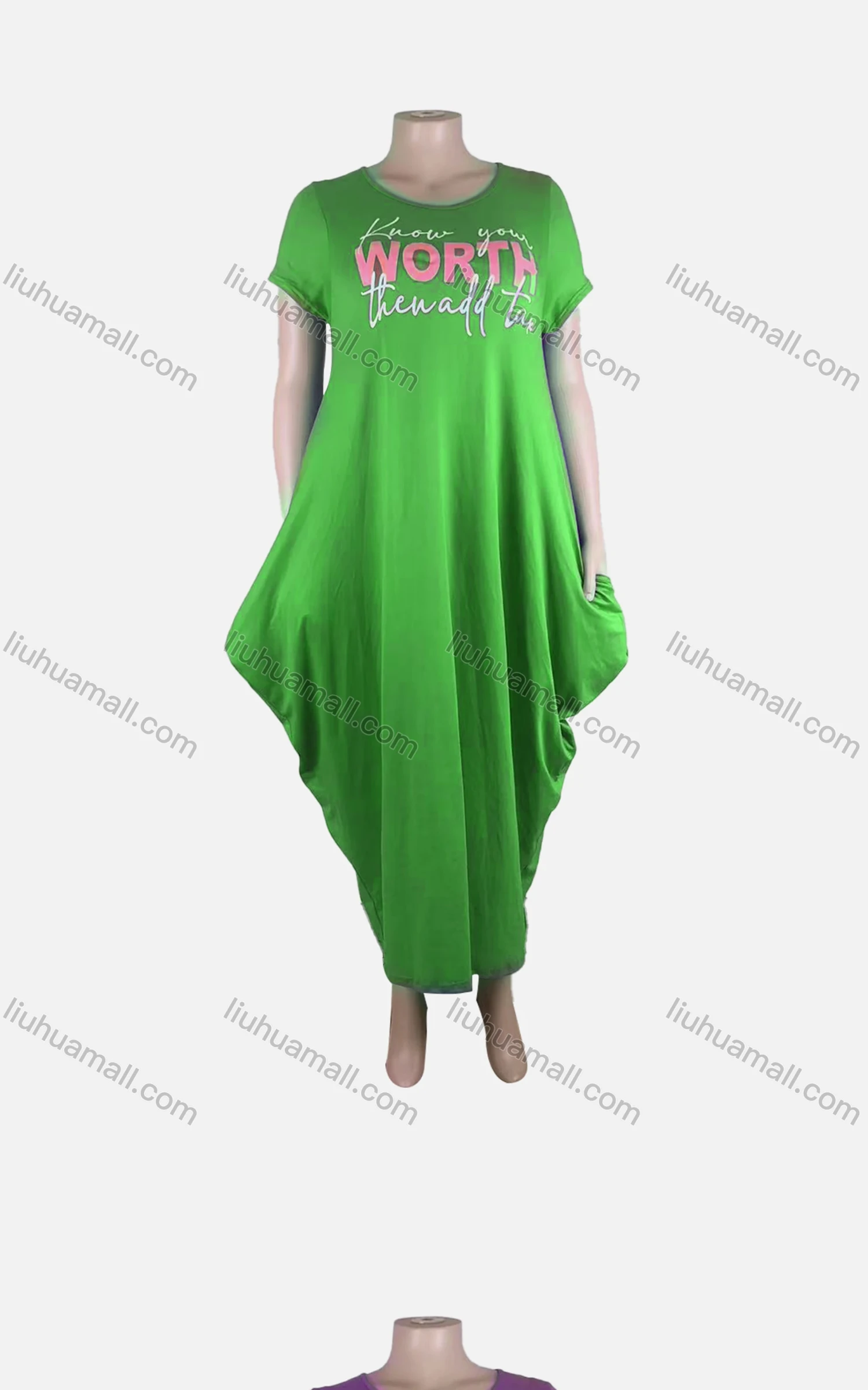 Wholesale Women's African Plus Size Crew Neck Letter Short Sleeve Patch Pocket Loose Fit Dress 8814# - Liuhuamall