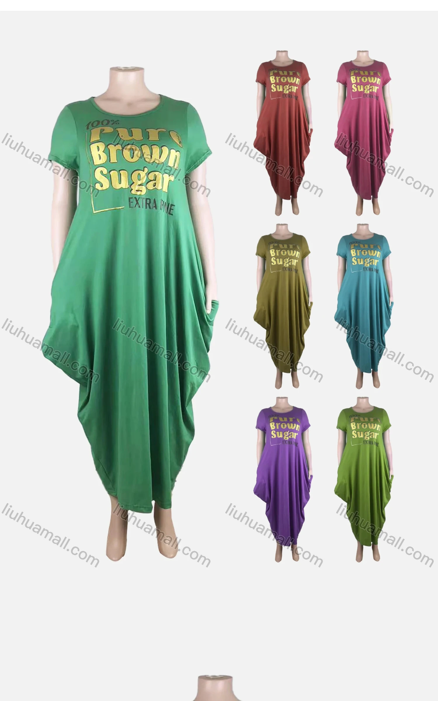 Wholesale Women's African Plus Size Crew Neck Letter Short Sleeve Patch Pocket Loose Fit Dress 8813# - Liuhuamall