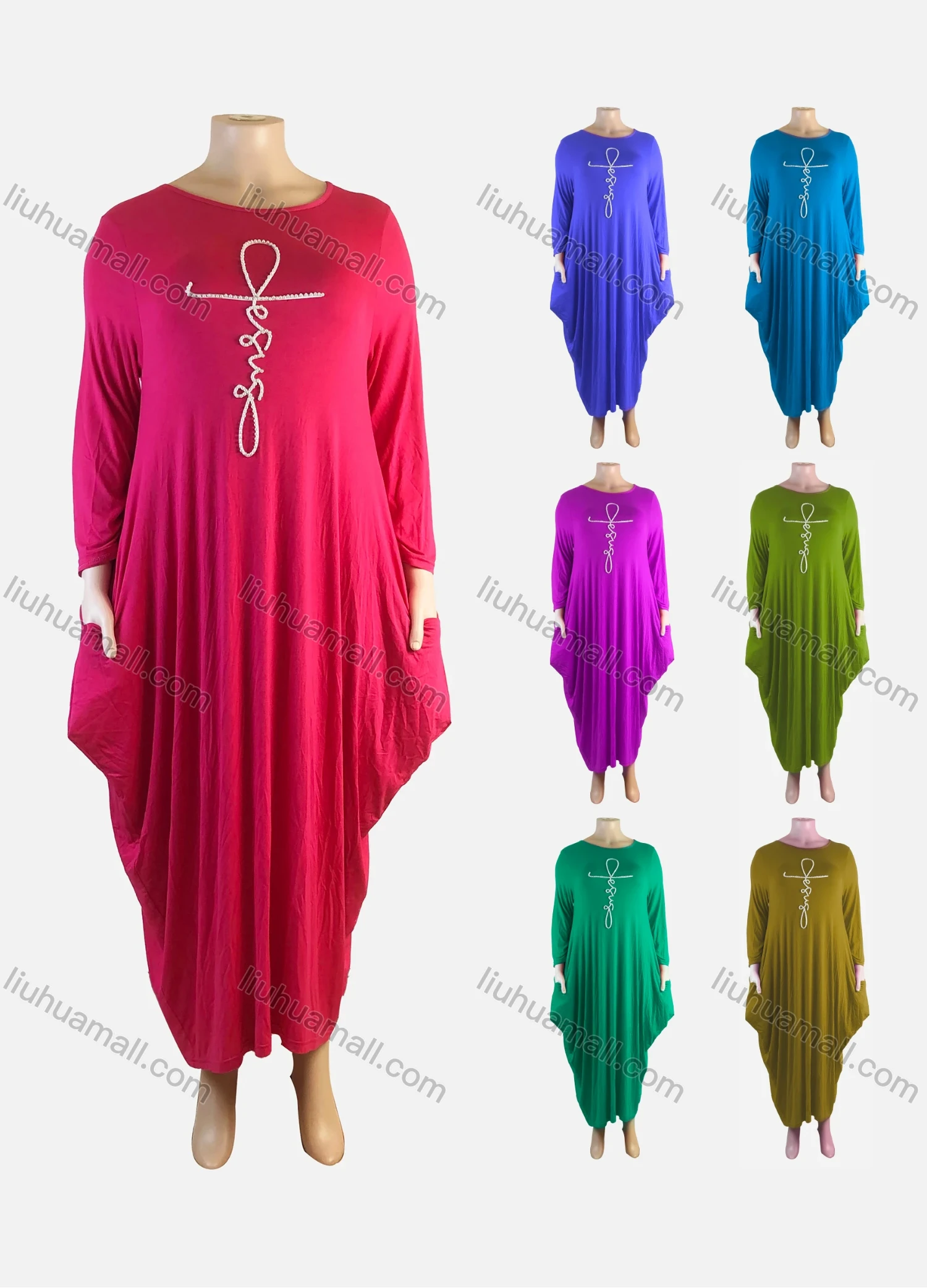 Wholesale Women's African Plus Size Crew Neck Long Sleeve Pearl Decor Pockets Loose Fit Dress 8810# - Liuhuamall