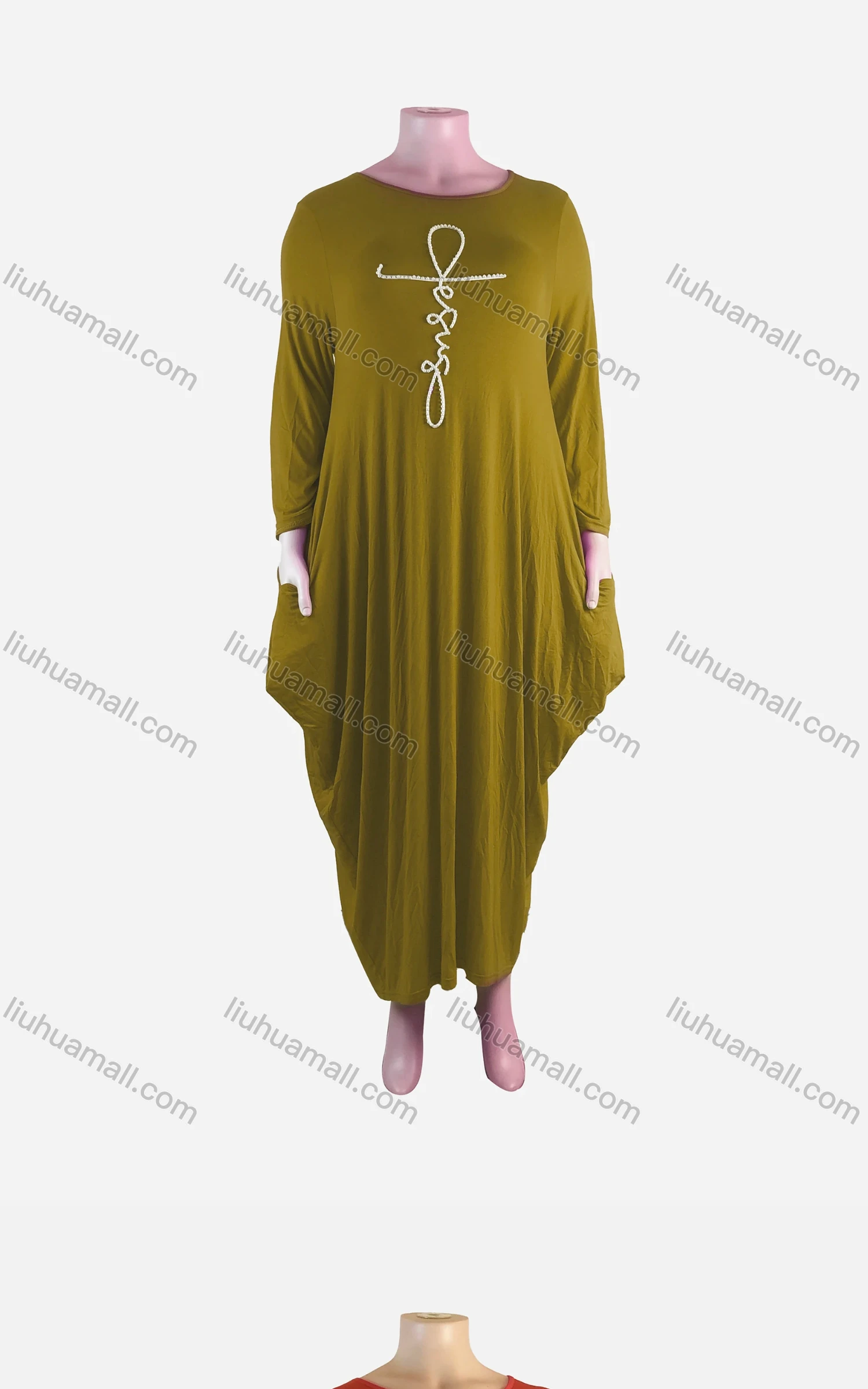 Wholesale Women's African Plus Size Crew Neck Long Sleeve Pearl Decor Pockets Loose Fit Dress 8810# - Liuhuamall
