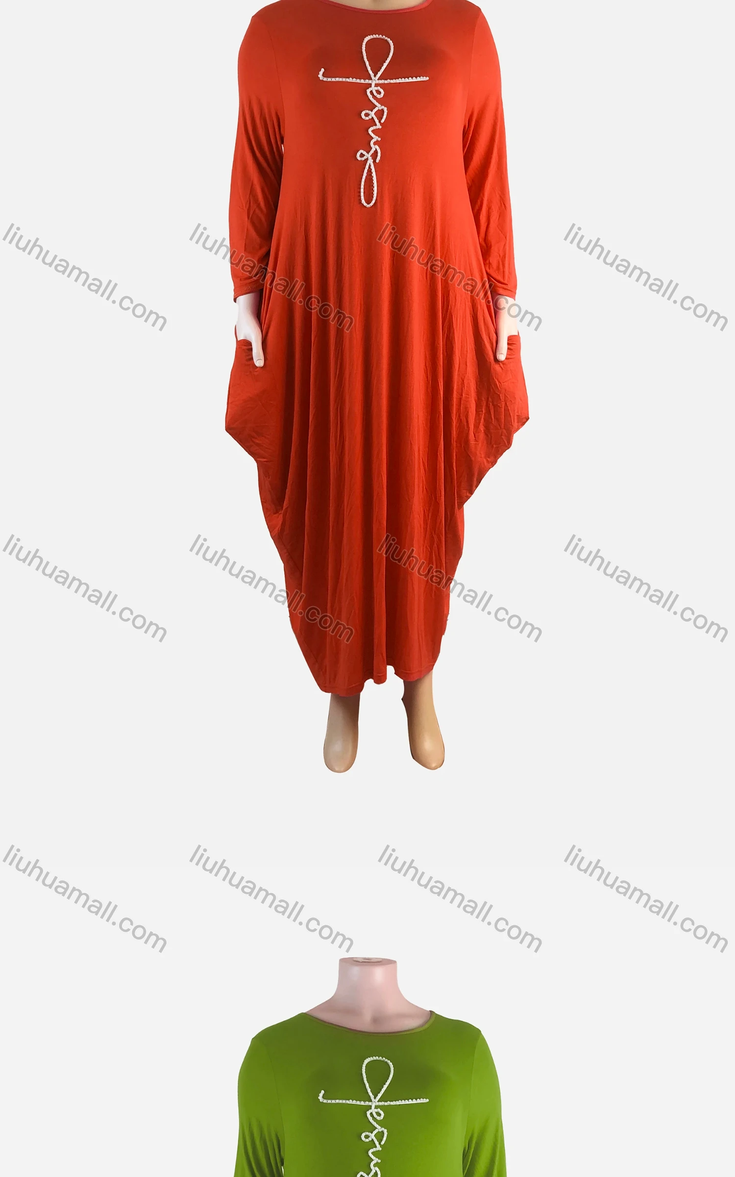 Wholesale Women's African Plus Size Crew Neck Long Sleeve Pearl Decor Pockets Loose Fit Dress 8810# - Liuhuamall