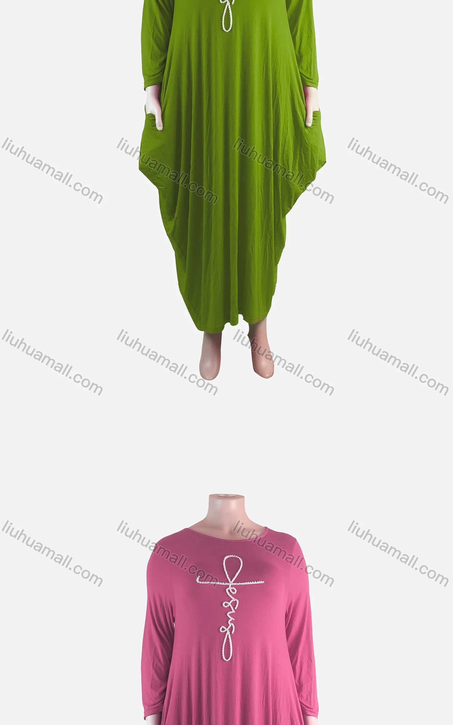 Wholesale Women's African Plus Size Crew Neck Long Sleeve Pearl Decor Pockets Loose Fit Dress 8810# - Liuhuamall