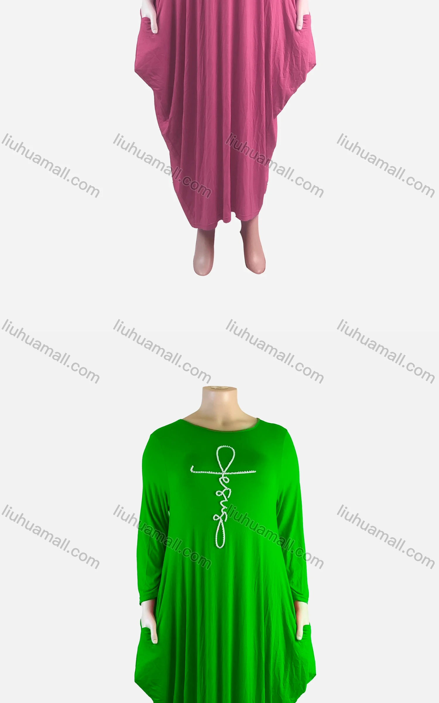 Wholesale Women's African Plus Size Crew Neck Long Sleeve Pearl Decor Pockets Loose Fit Dress 8810# - Liuhuamall