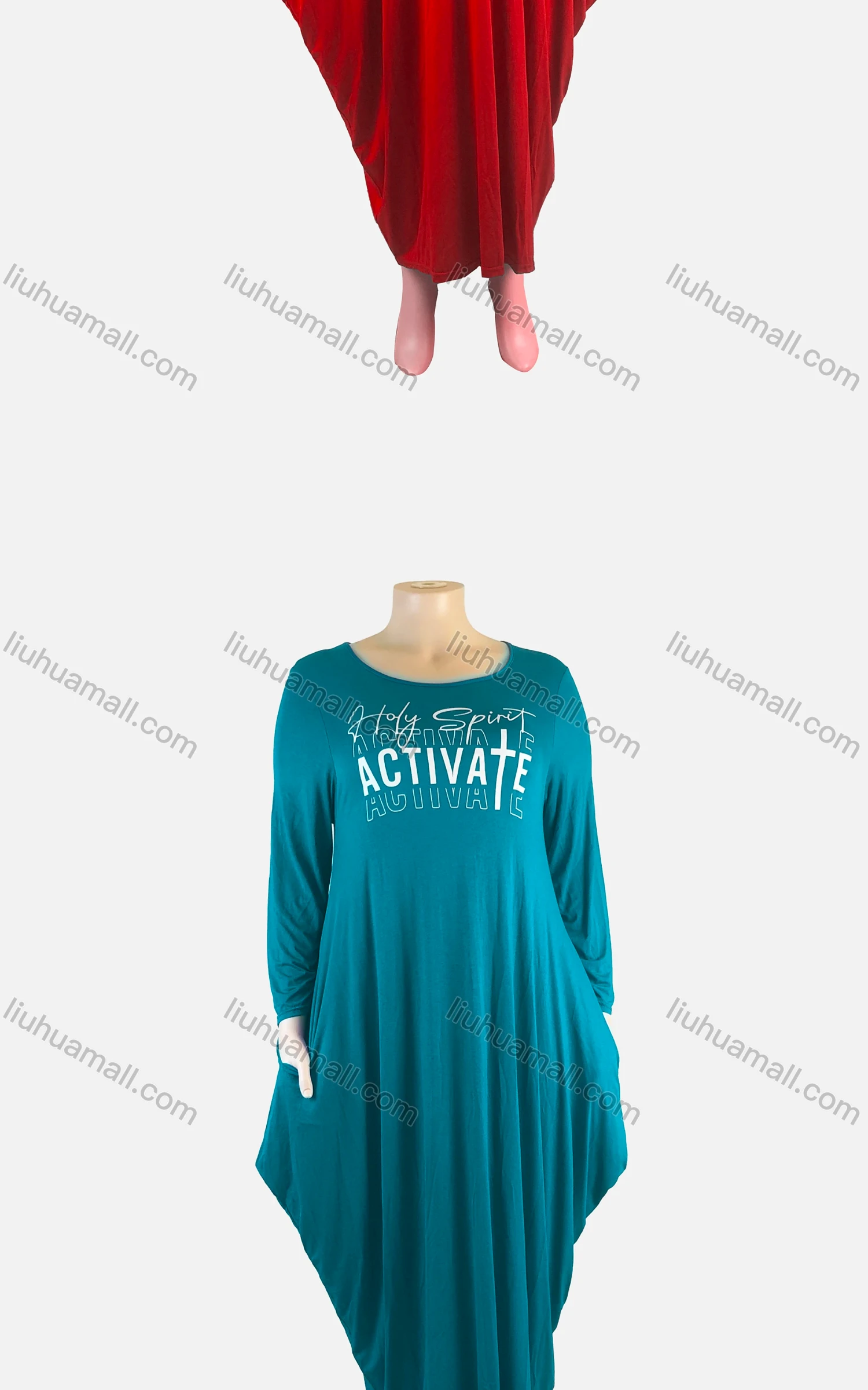 Wholesale Women's African Plus Size Crew Neck Letter Print Long Sleeve Patch Pocket Loose Fit Dress 8811# - Liuhuamall