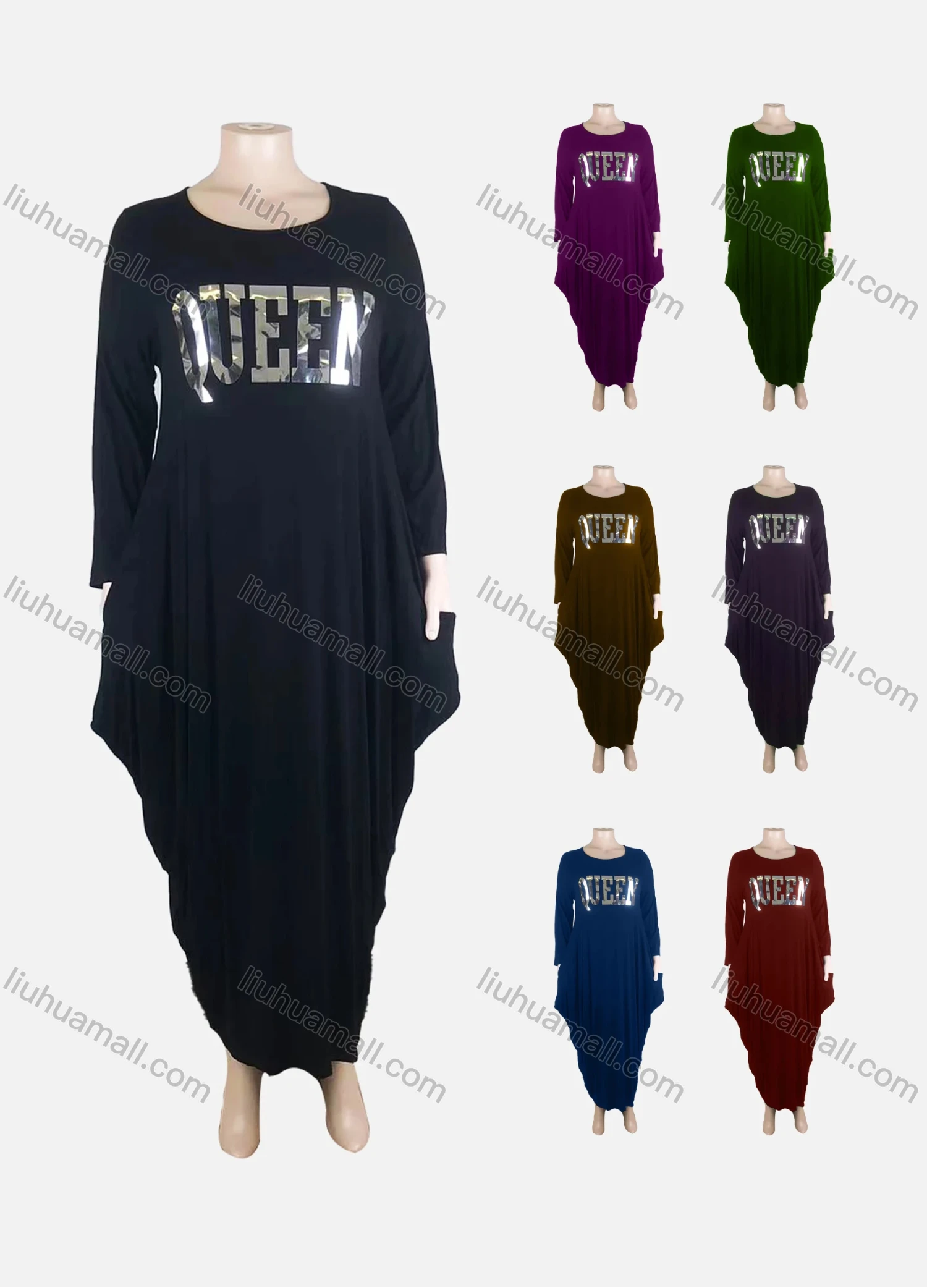 Wholesale Women's African Plus Size Crew Neck Long/Short Sleeve Pockets Loose Fit Dress 8812# - Liuhuamall