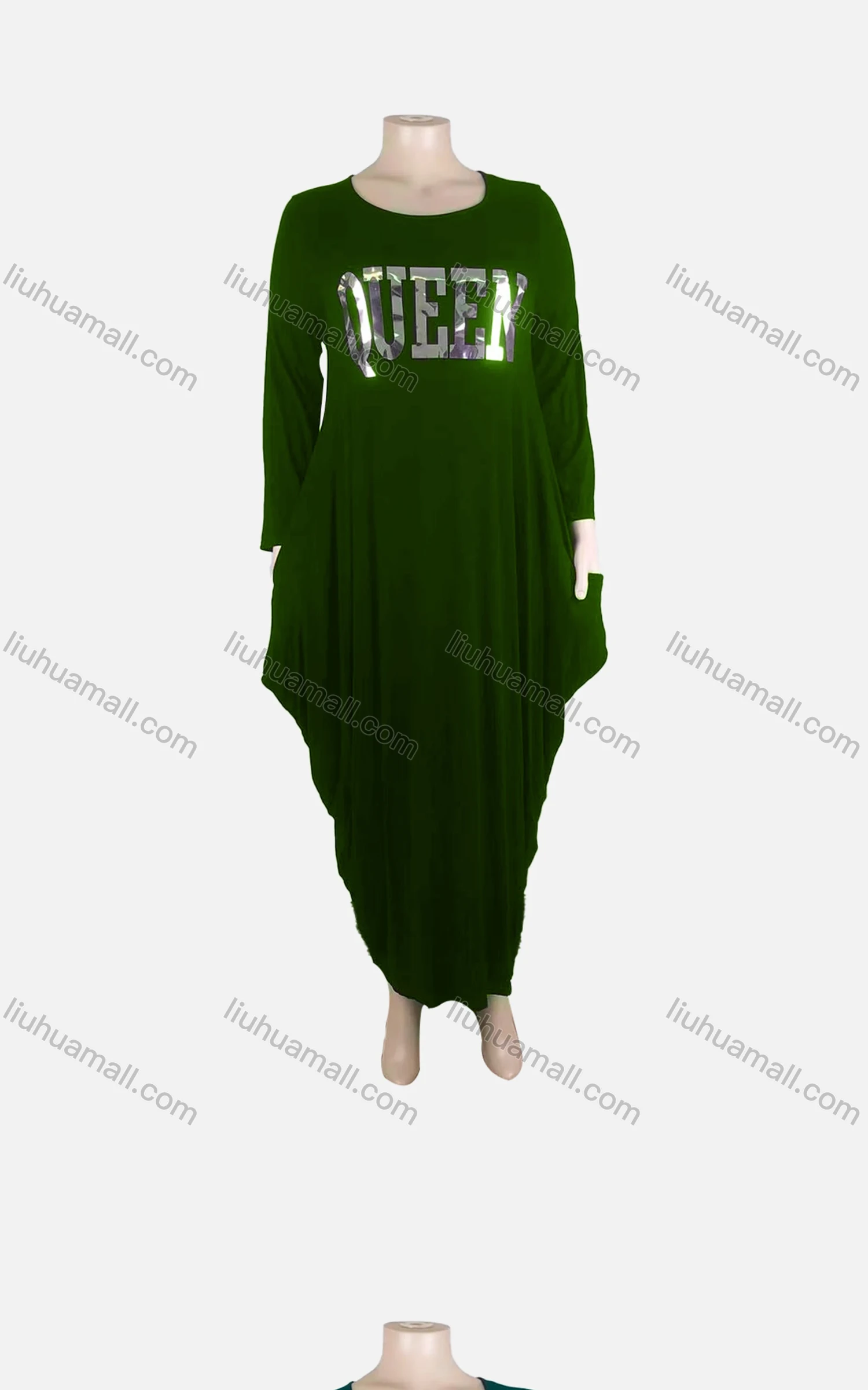 Wholesale Women's African Plus Size Crew Neck Long/Short Sleeve Pockets Loose Fit Dress 8812# - Liuhuamall