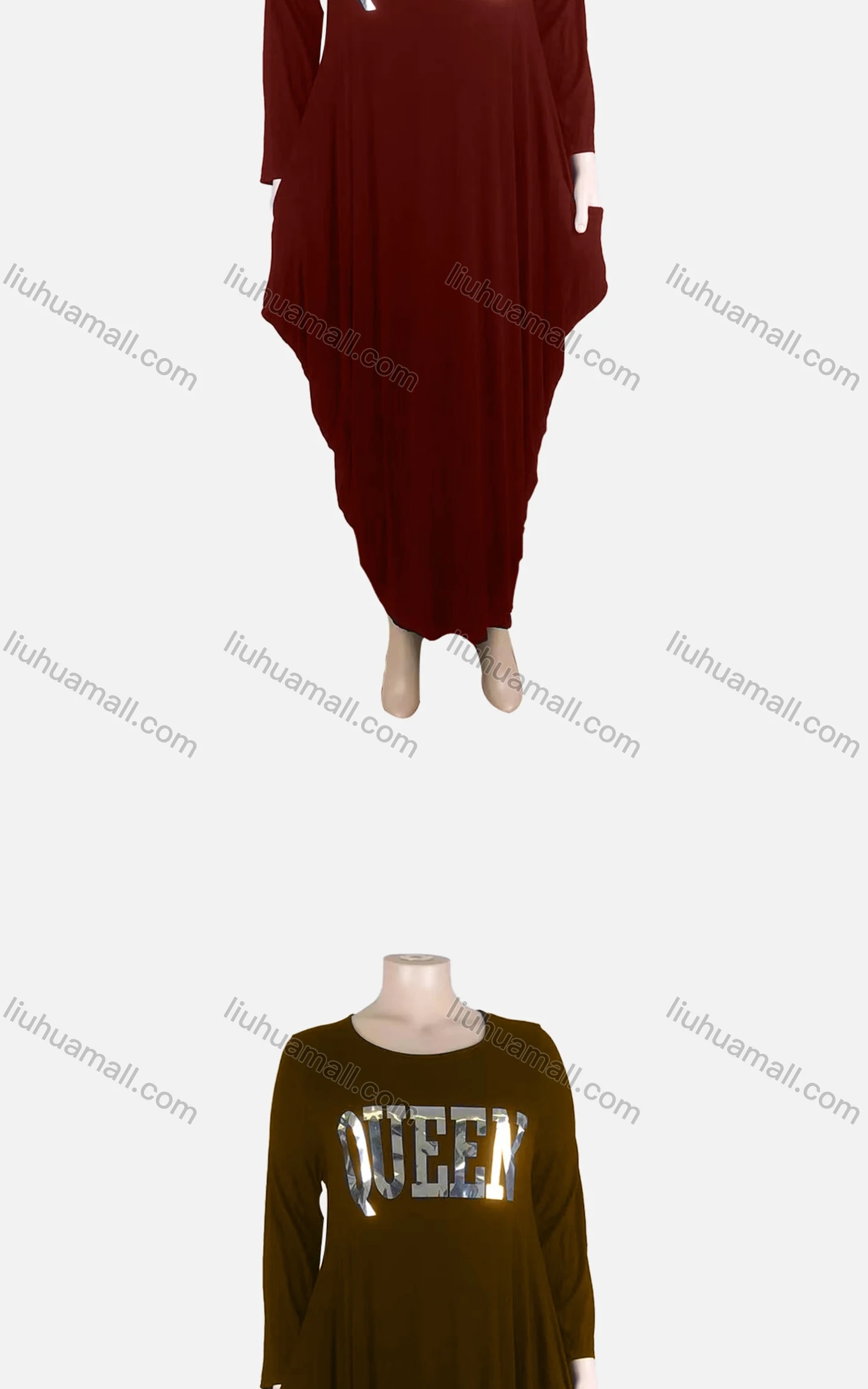 Wholesale Women's African Plus Size Crew Neck Long/Short Sleeve Pockets Loose Fit Dress 8812# - Liuhuamall