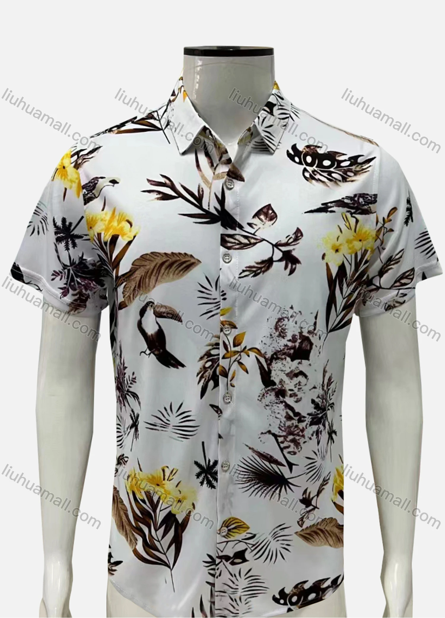 Wholesale Men's Casual Button Down Allover Plants Print Collared Short Sleeve Shirt - Liuhuamall
