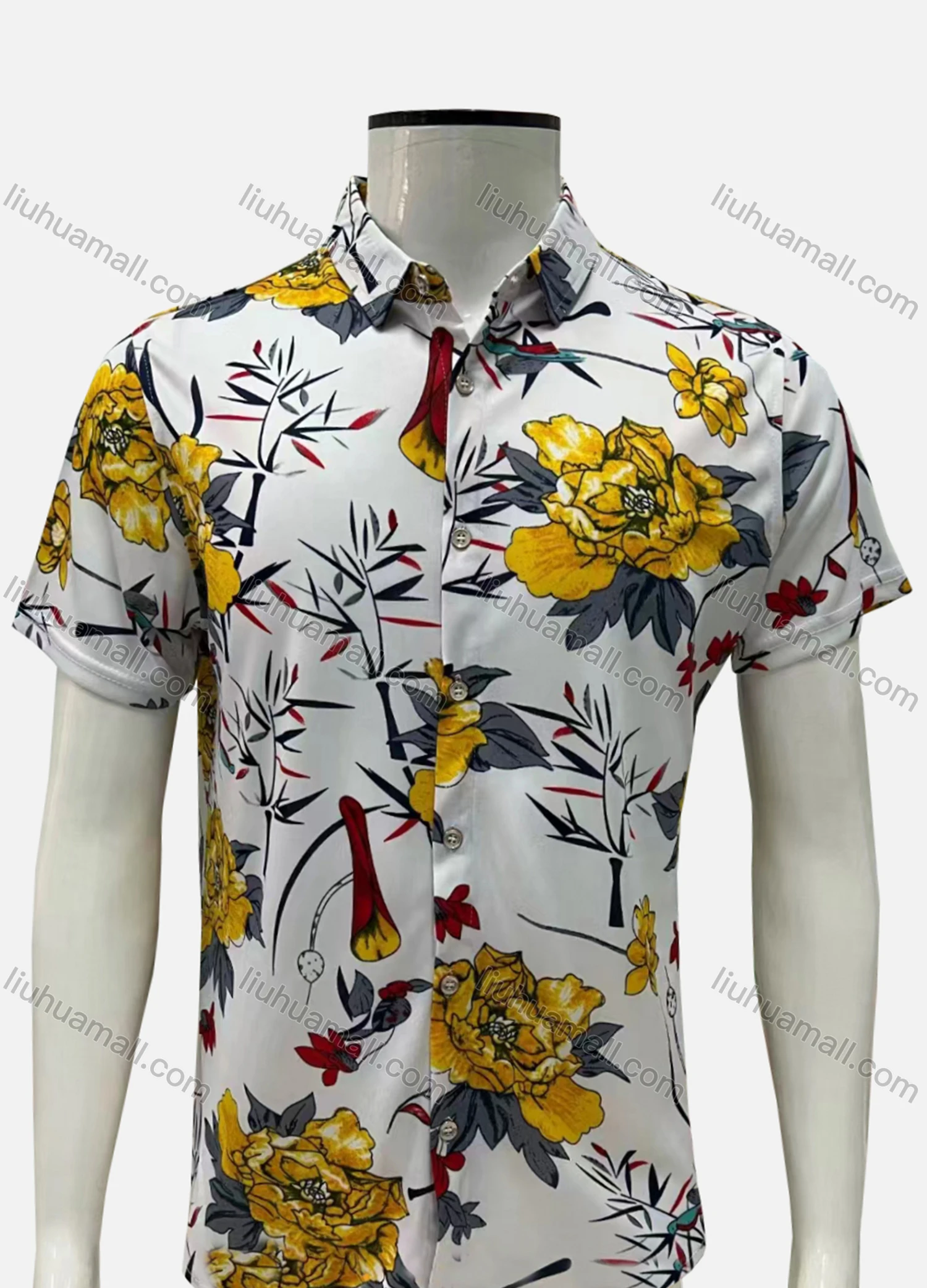 Wholesale Men's Casual Allover Floral Print Button Down Collared Short Sleeve Shirt - Liuhuamall