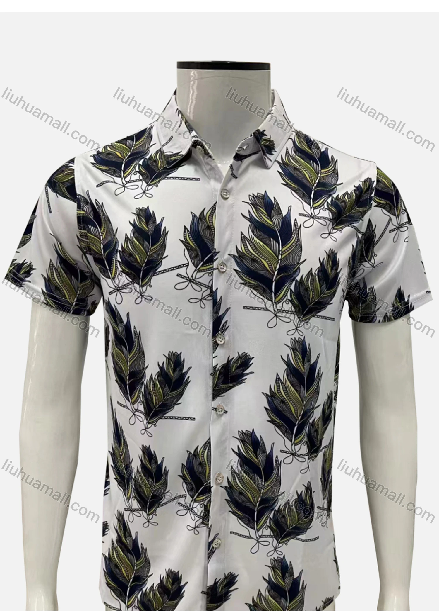Wholesale Men's Casual Allover Leaf Print Button Down Collared Short Sleeve Shirt - Liuhuamall