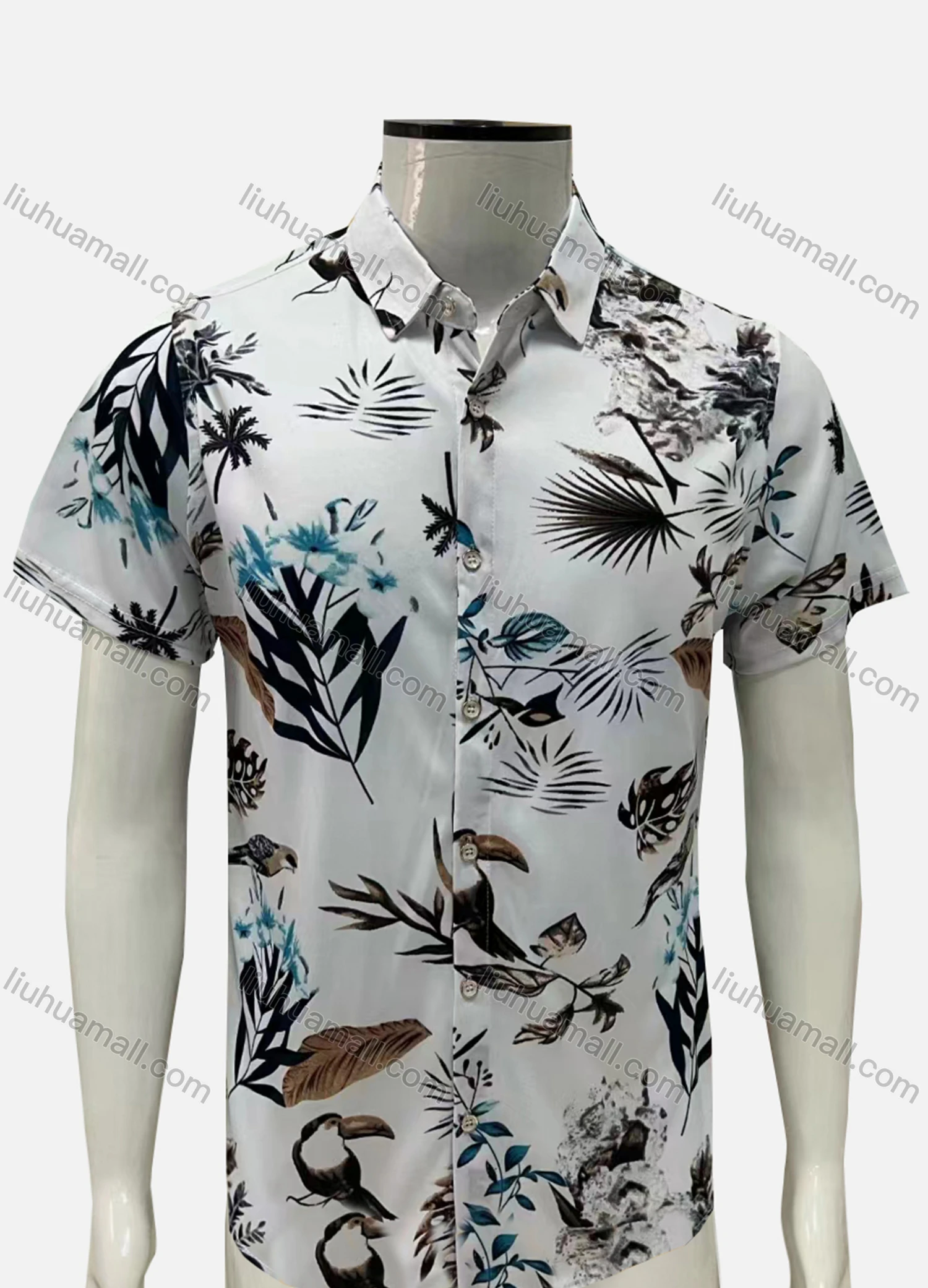 Wholesale Men's Casual Allover Plants Print Button Down Collared Short Sleeve Shirt - Liuhuamall