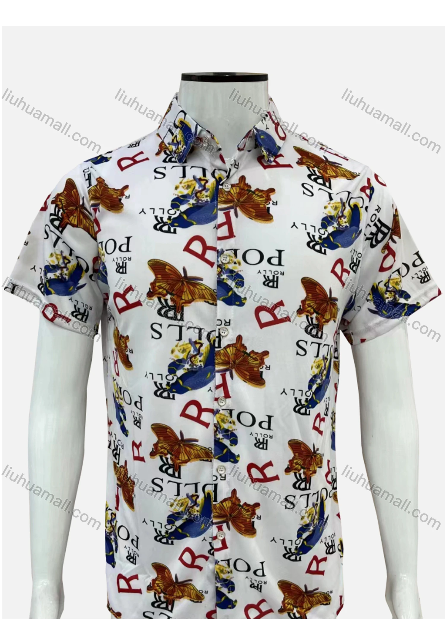 Wholesale Men's Casual Allover Butterfly Letter Print Button Down Collared Short Sleeve Shirt - Liuhuamall